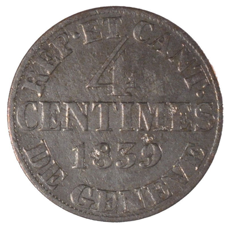 Switzerland, 4 Centimes, 1839, Genève, KM #127, EF(40-45), Billon, 1.80