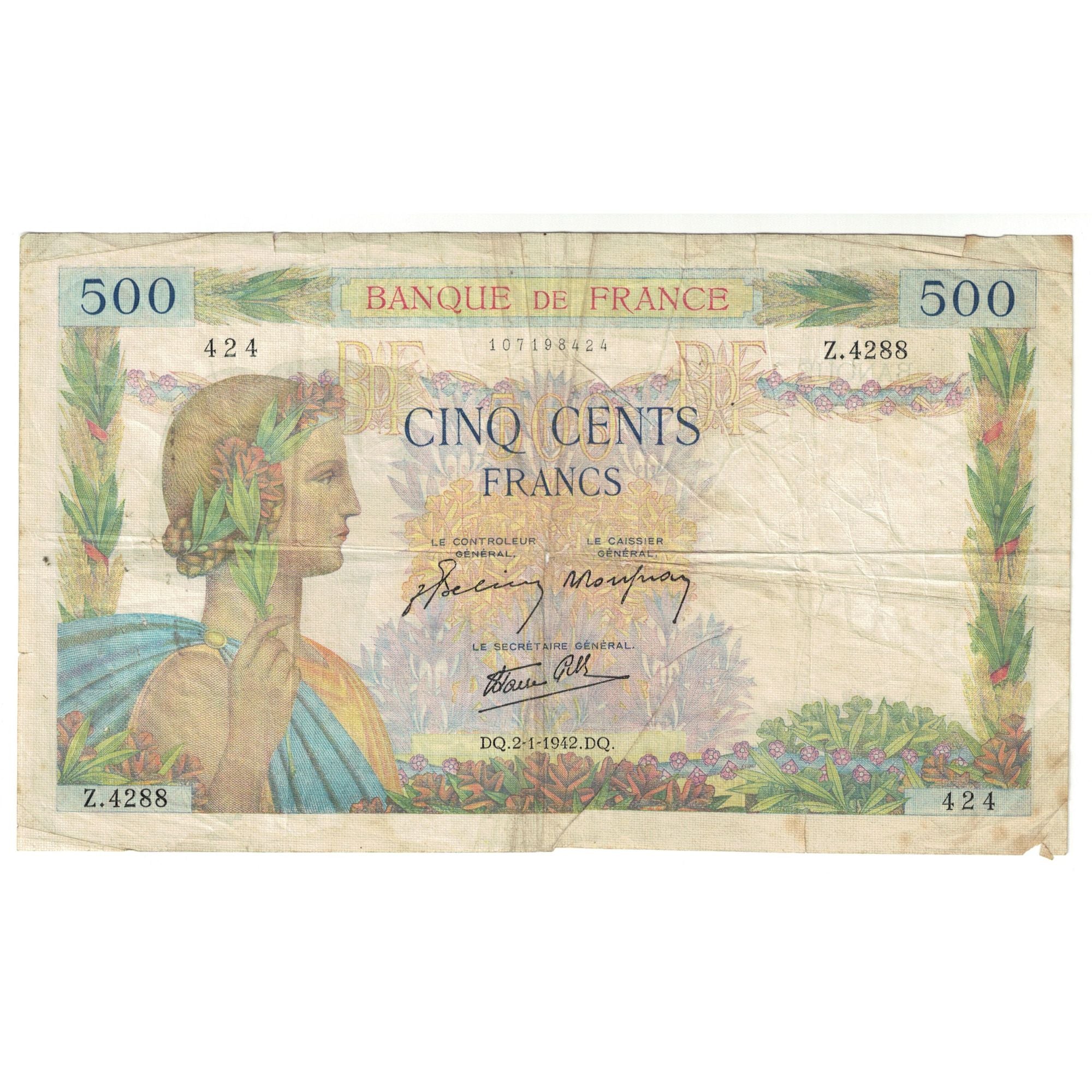France, 500 Francs, La Paix, 1942, Z.4288 424, VF(30-35), Fayette:32.26, KM:95b