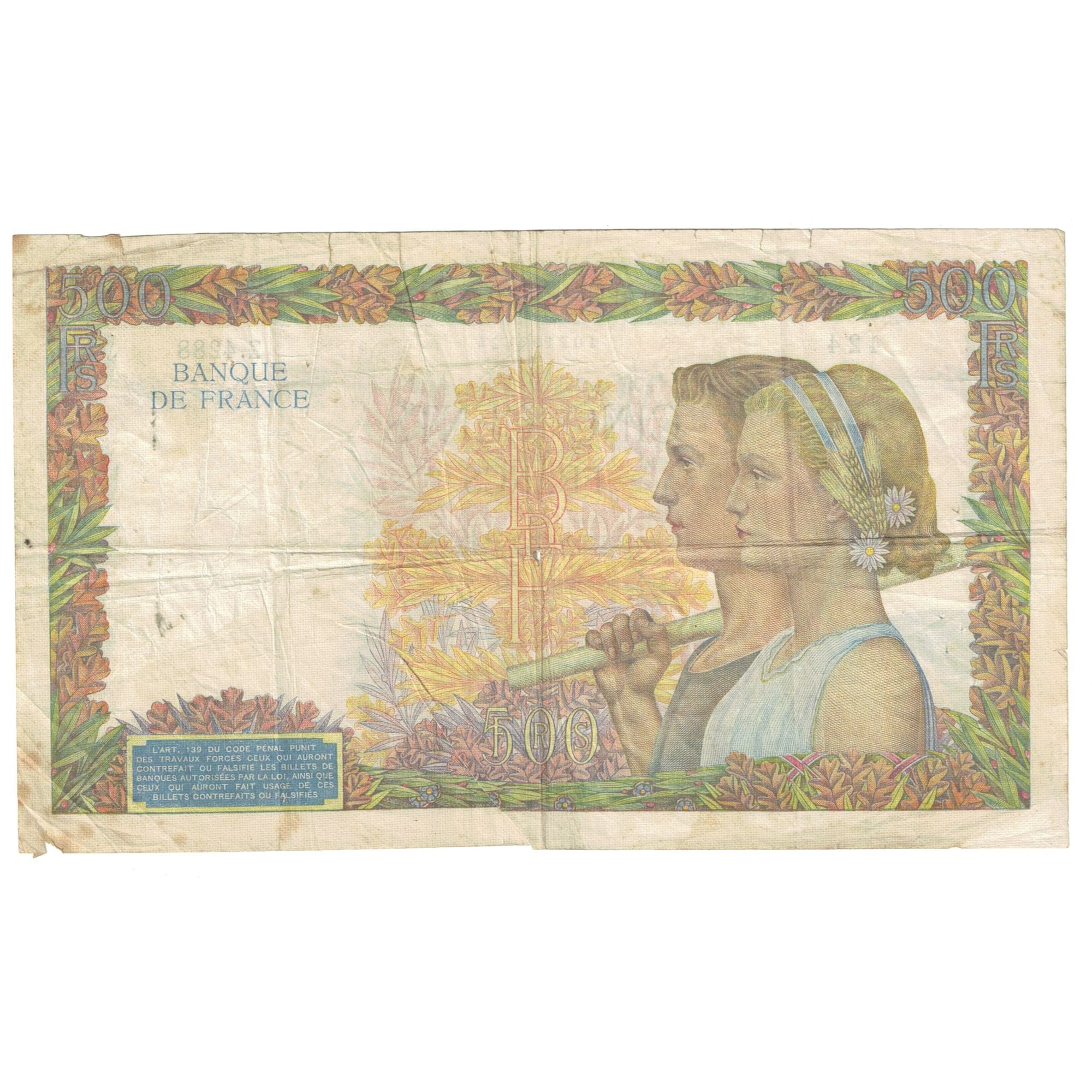 France, 500 Francs, La Paix, 1942, Z.4288 424, VF(30-35), Fayette:32.26, KM:95b