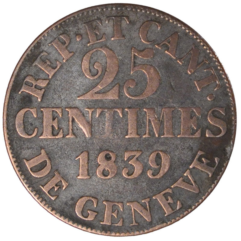 Switzerland, 25 Centimes, 1839, Genève, KM #129, EF(40-45), Billon, 3.79