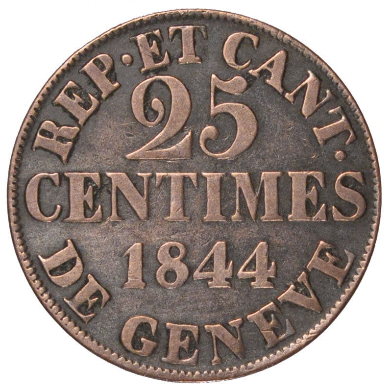 Switzerland, 25 Centimes, 1844, Genève, KM #129, EF(40-45), Billon, 3.72