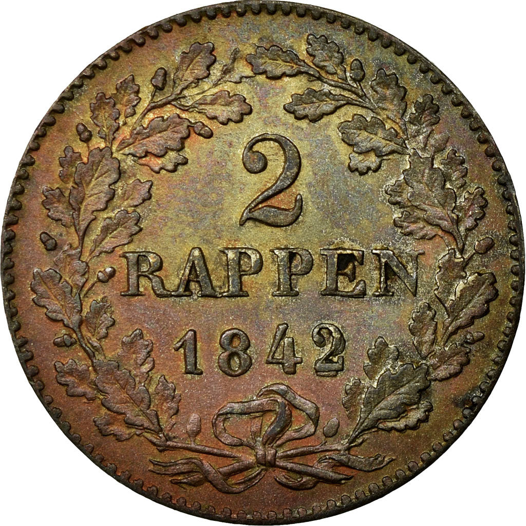 Coin, SWISS CANTONS, ZURICH, 2 Rappen, 1842, AU(55-58), Billon, KM:195
