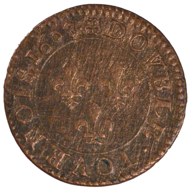 FRANCE, Double Tournois, 1608, Paris, VF(30-35), Copper, Sombart #4184, 2.78