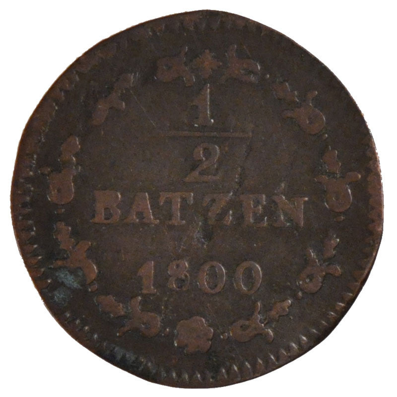 SWITZERLAND, 1/2 Batzen, 1800, KM #A6, VF(20-25), Billon, 1.80