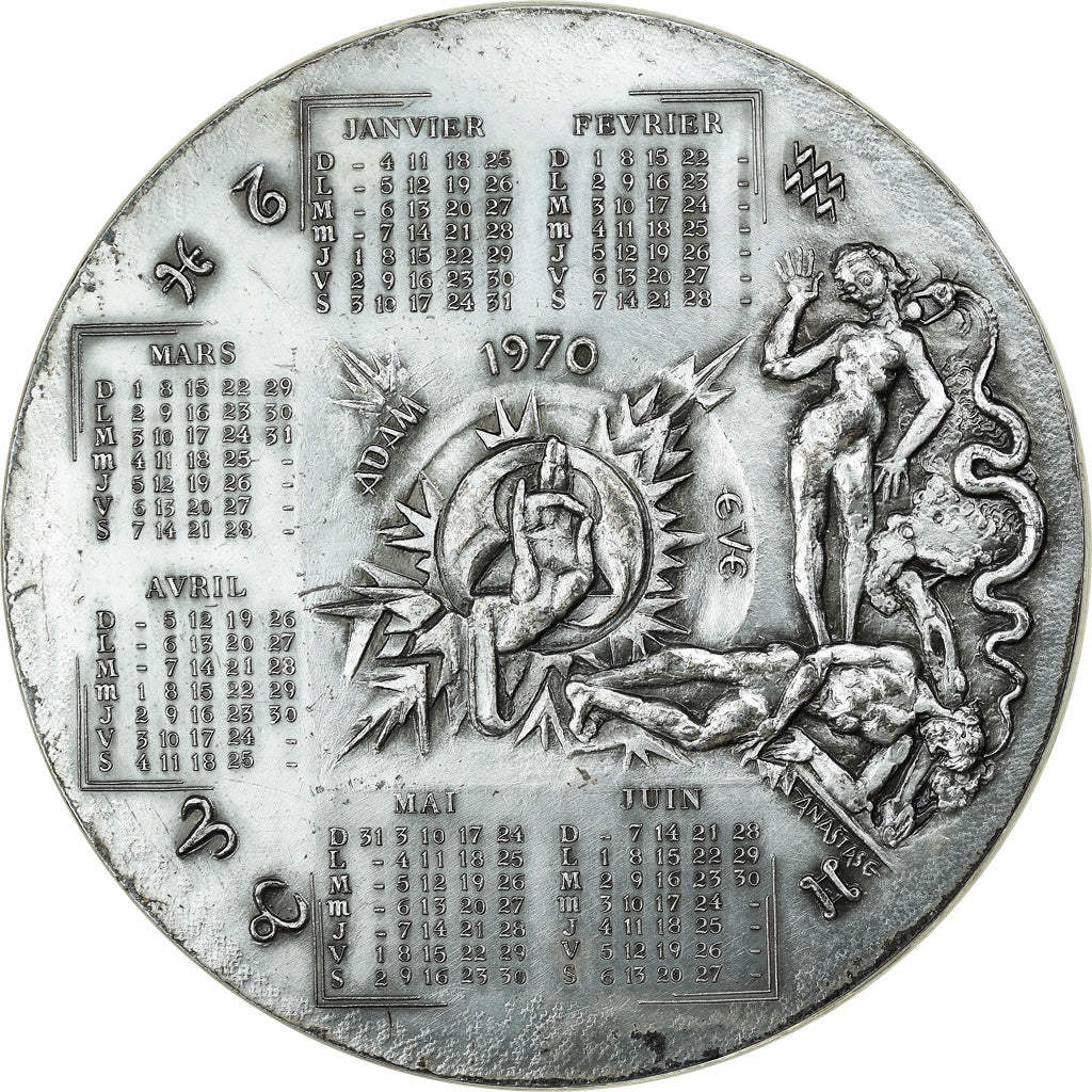 Frankreich, Medaille, Calendrier, Nouvelle Année, Adam et Eve, 1970, Anastase