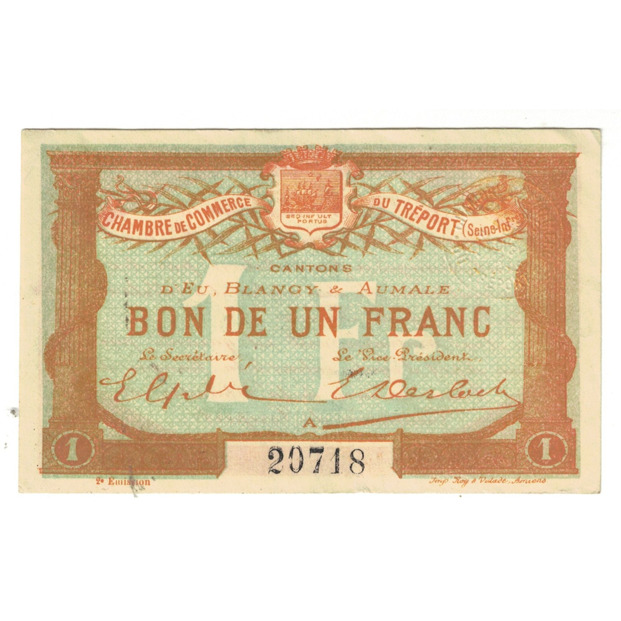 France, Le Tréport, 1 Franc, 1916, AU(55-58), Pirot:71-29