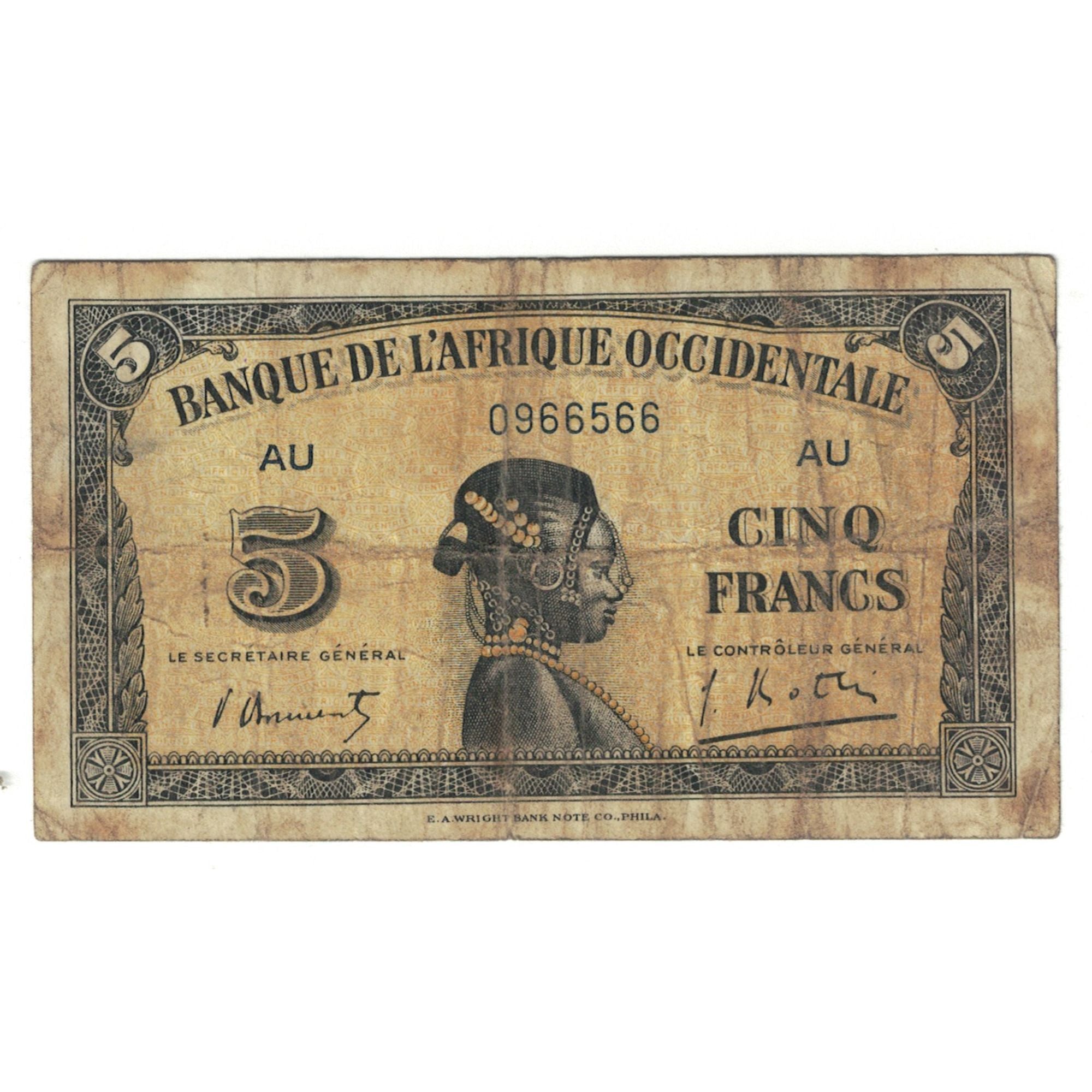 Banknot, Francuska Afryka Zachodnia, 5 Francs, 1942, 1942-12-14, KM:28a