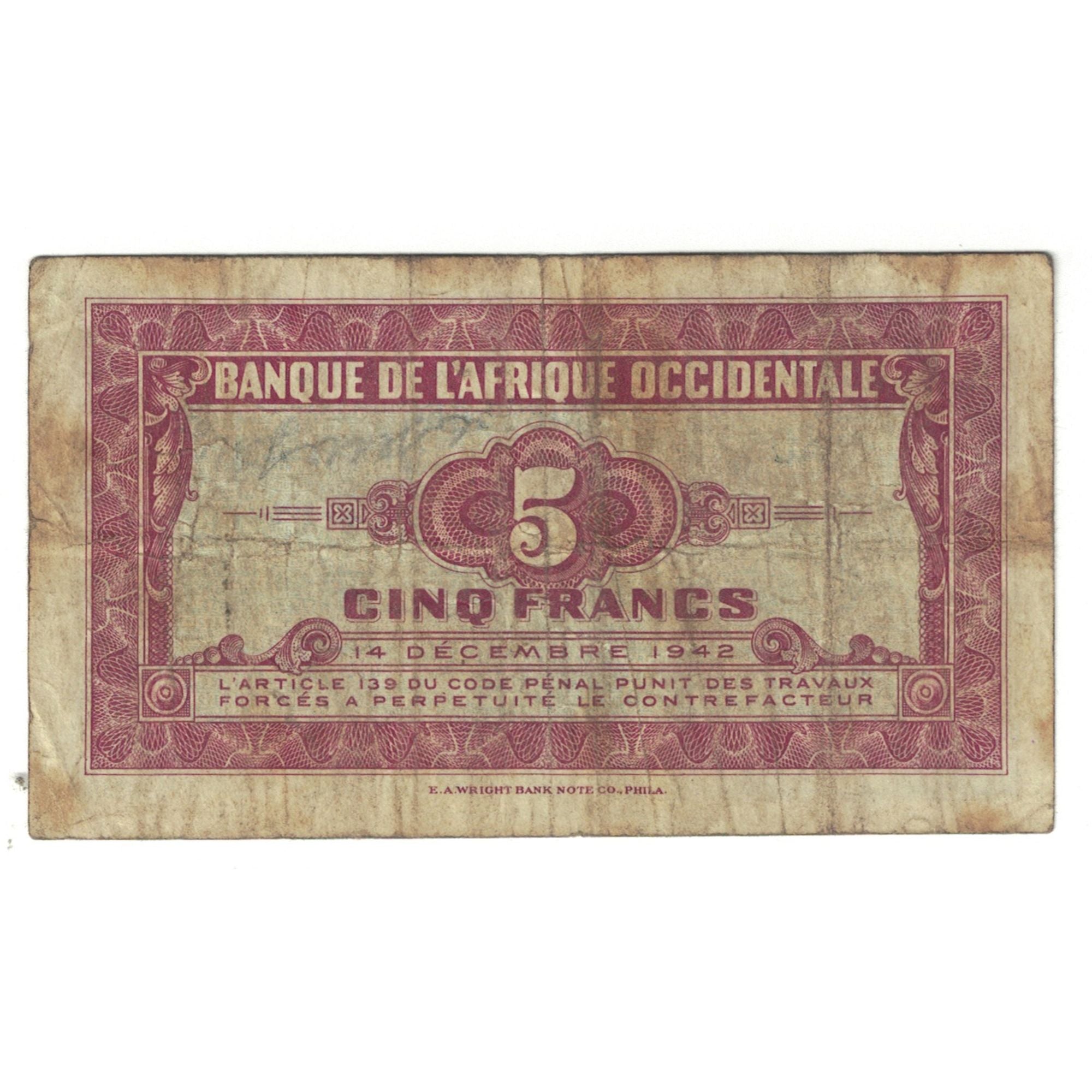 Banknot, Francuska Afryka Zachodnia, 5 Francs, 1942, 1942-12-14, KM:28a