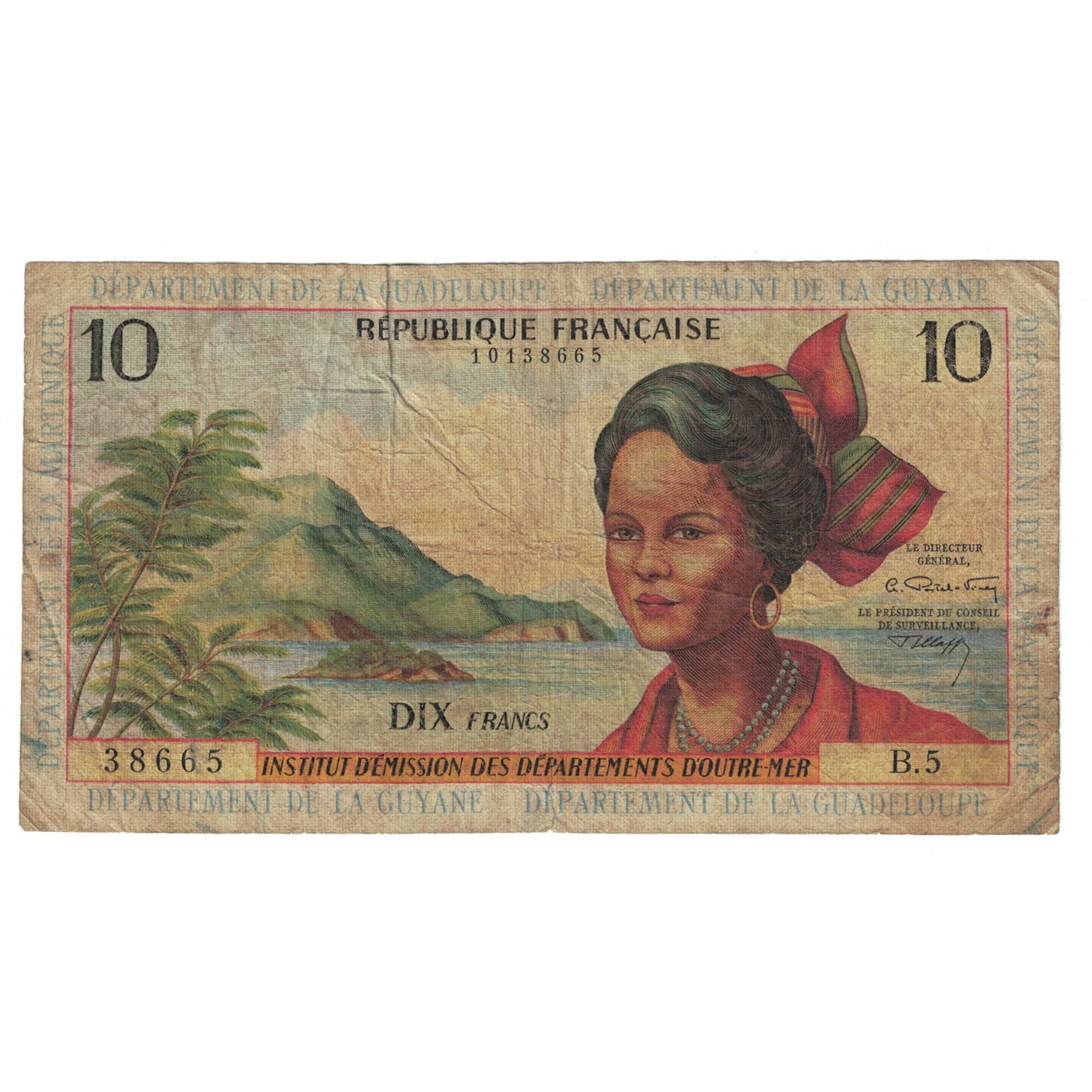 Banknote, French Antilles, 10 Francs, KM:8b, VF(20-25)