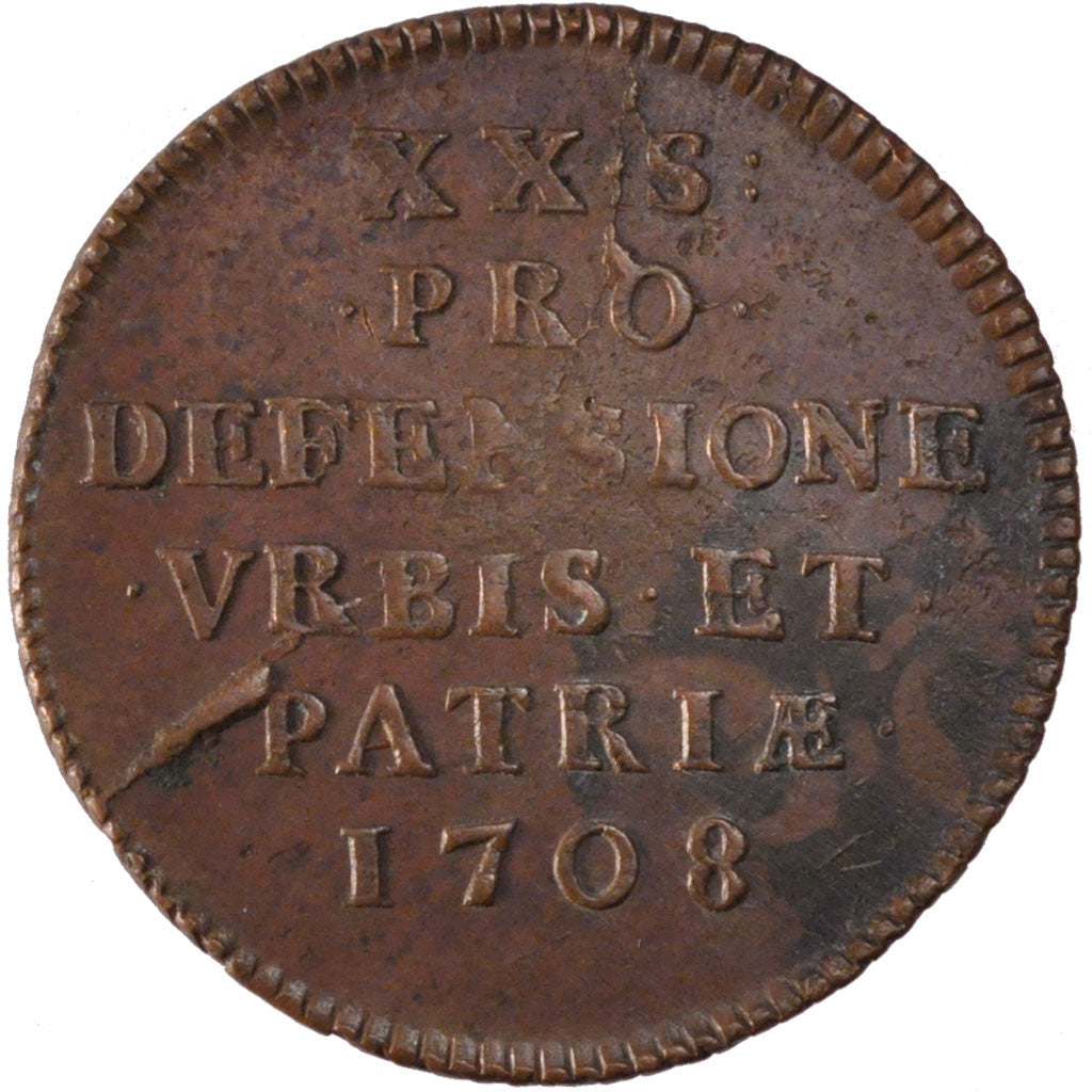 FRENCH STATES, 20 Sols, 1708, KM #7, EF(40-45), Copper, Boudeau #2313, 7.01