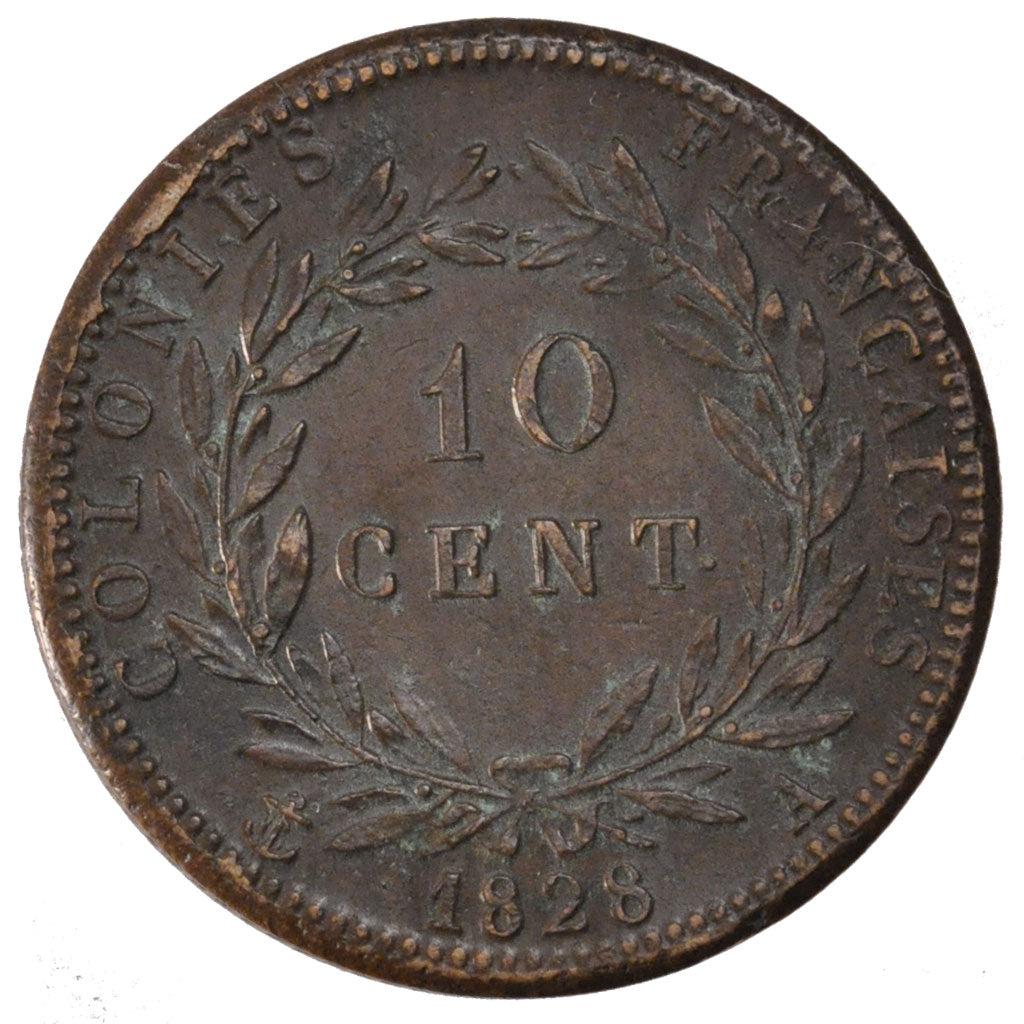 FRENCH COLONIES, 10 Centimes, 1828, Paris, KM #11.1, AU(55-58), Bronze,...
