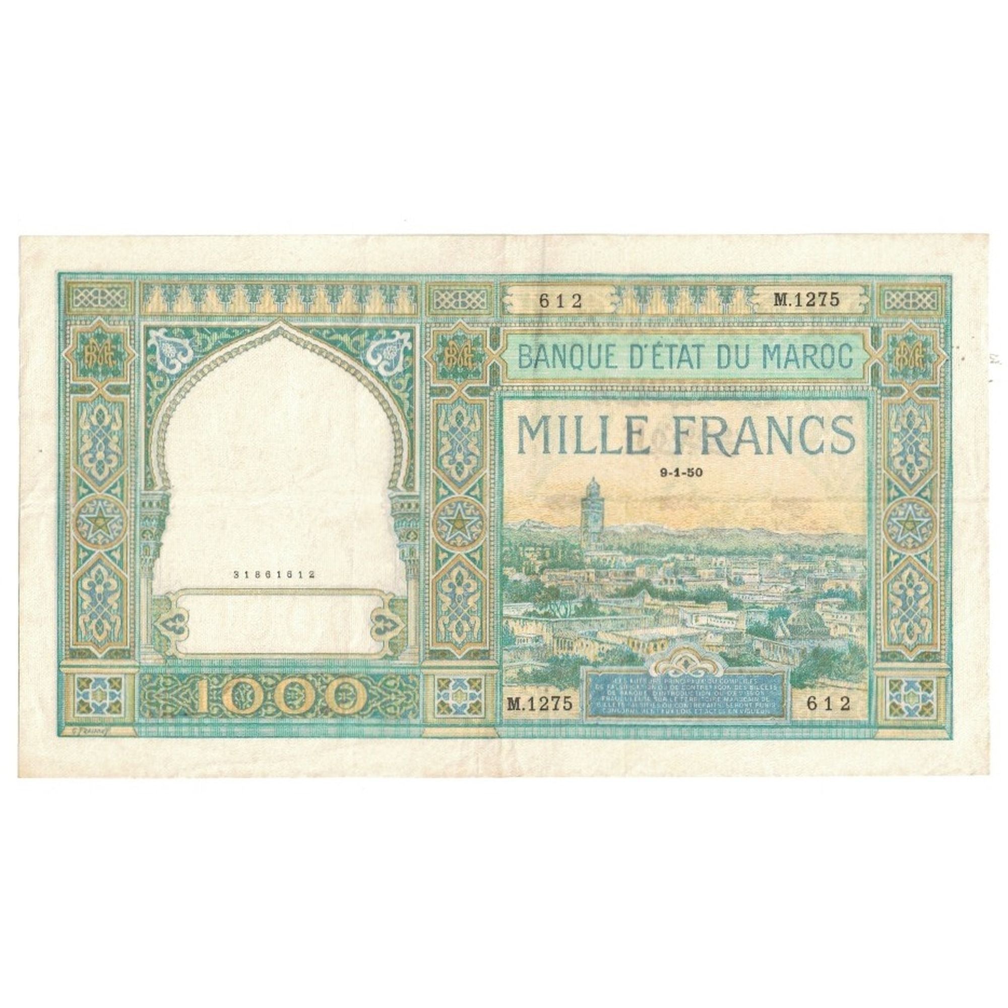 Nota, Marrocos, 1000 Francs, 1950, 1950-01-09, KM:16c, EF(40-45)