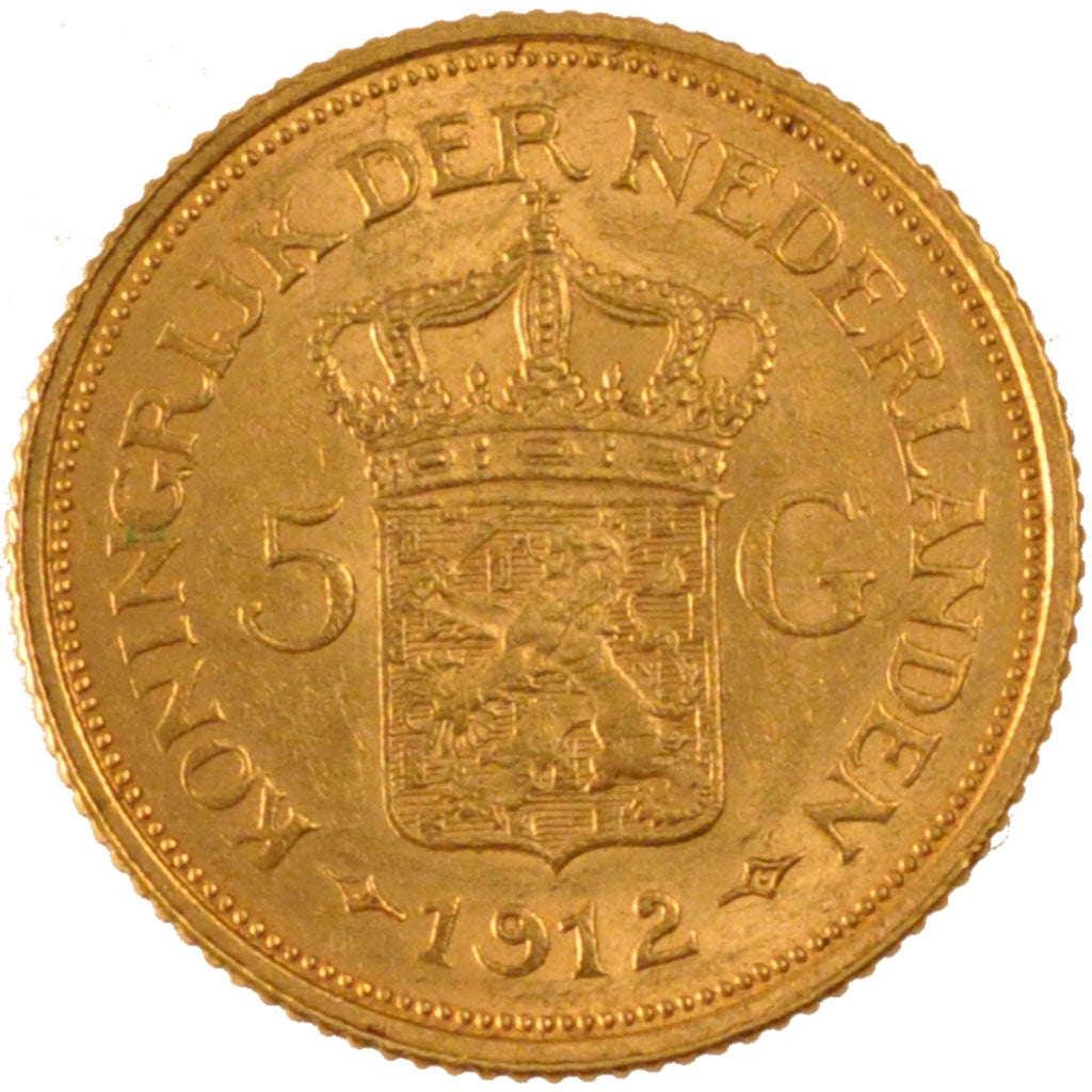 NETHERLANDS, 5 Gulden, 1912, KM #151, AU(55-58), Gold, 18, 3.38