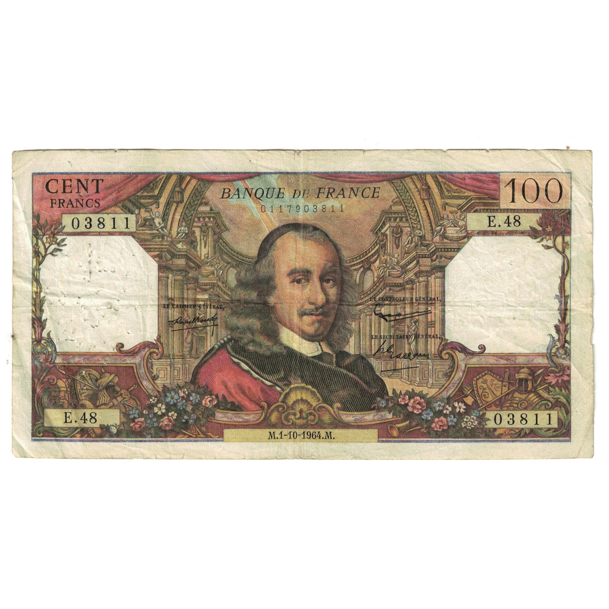 França, 100 Francs, Corneille, 1964, E.48, VG(8-10), Fayette:65.4, KM:149a