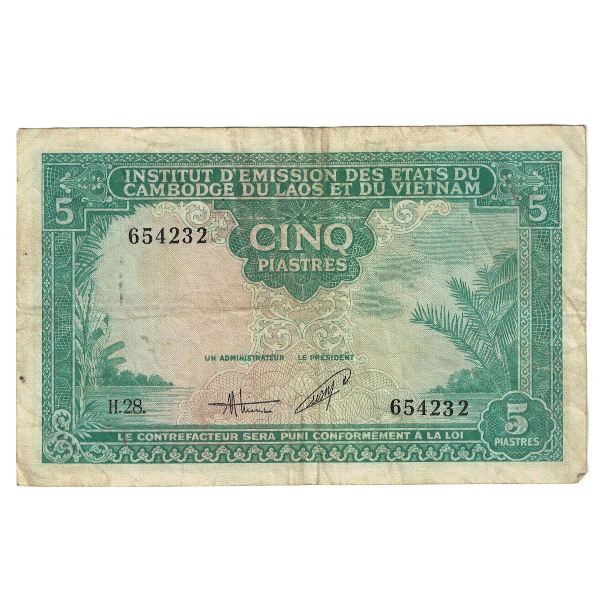 Banknote, FRENCH INDO-CHINA, 5 Piastres = 5 Kip, 1953, KM:101, VF(20-25)