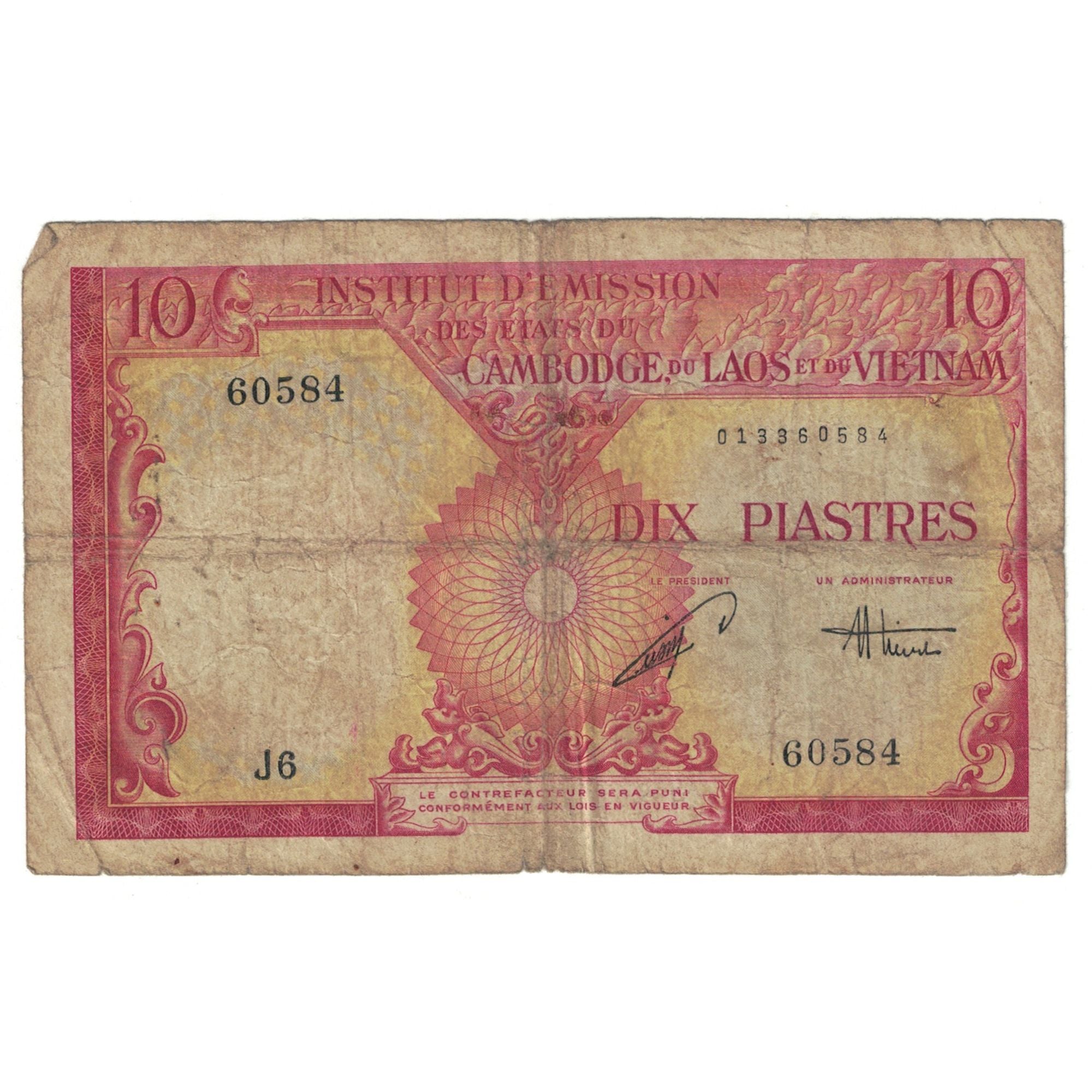 Banknote, FRENCH INDO-CHINA, 10 Piastres = 10 Kip, KM:102, VF(20-25)