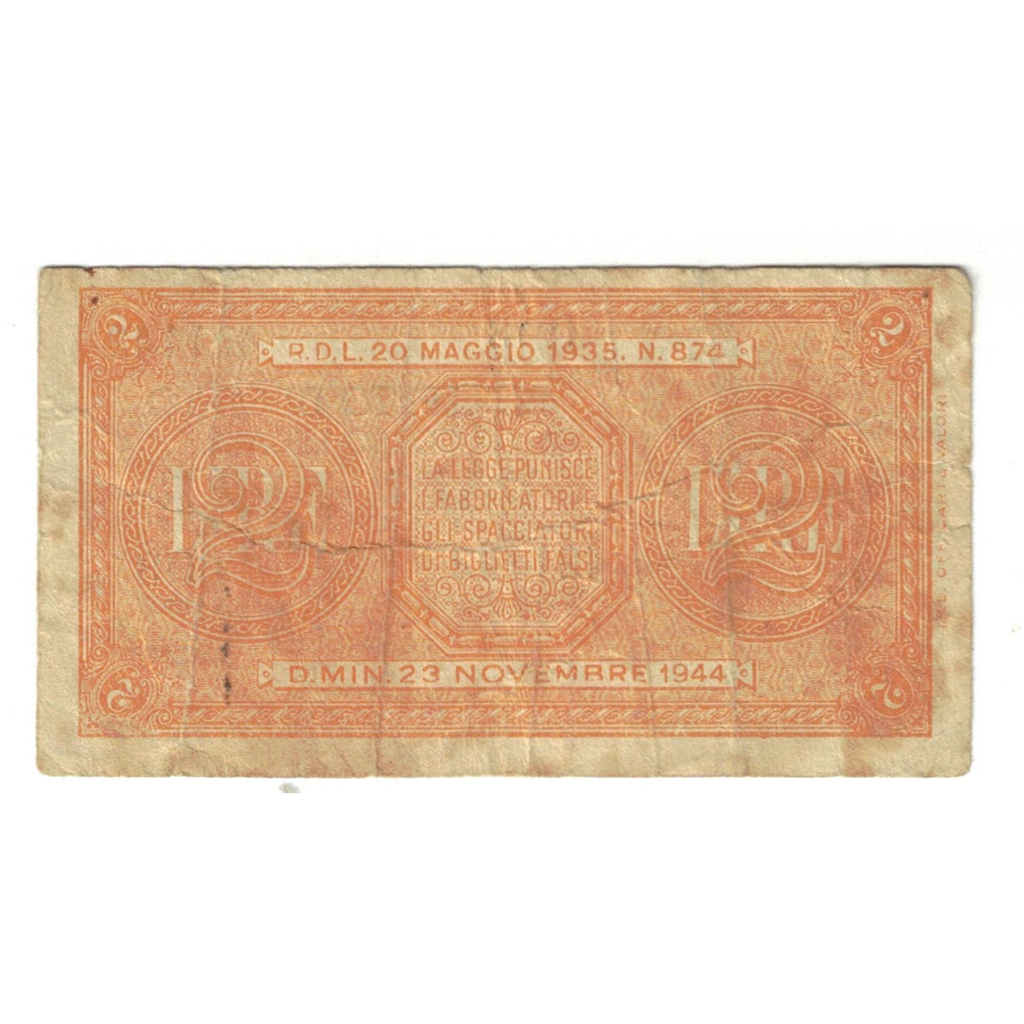 Banknote, Italy, 2 Lire, 1944, 1944-11-23, KM:30a, VF(20-25)