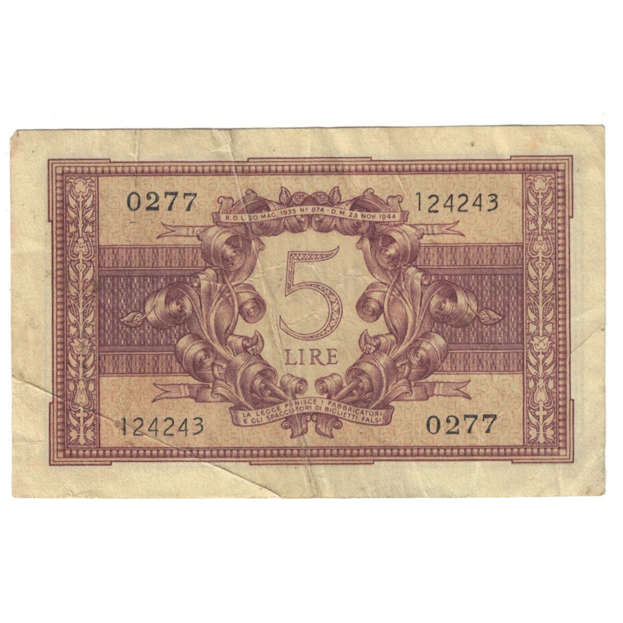 Banknote, Italy, 5 Lire, 1944, 1944-11-23, KM:31a, EF(40-45)