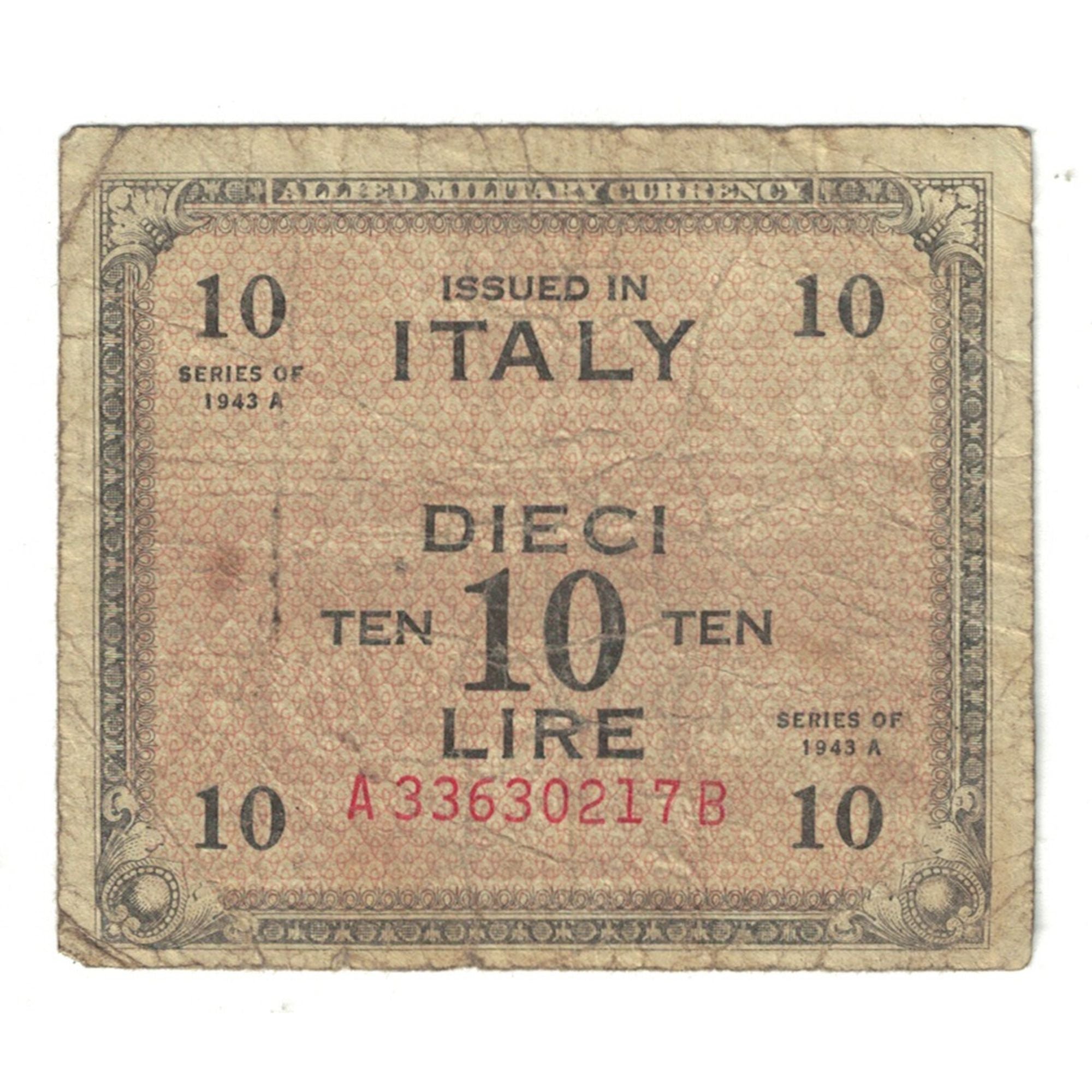 Banknote, Italy, 10 Lire, 1943, Undated (1943), KM:M19b, VF(20-25)