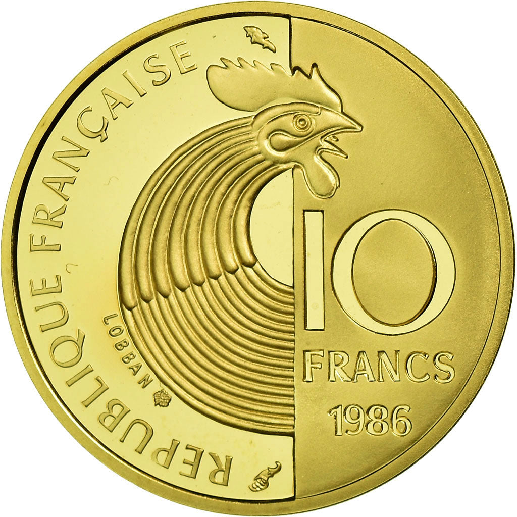 Moeda, França, Schuman, 10 Francs, 1986, MS(65-70), Dourado, KM:958c
