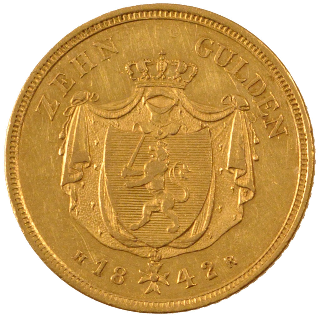 GERMAN STATES, 10 Gulden, 1842, KM #315, AU(55-58), Gold, 6.70