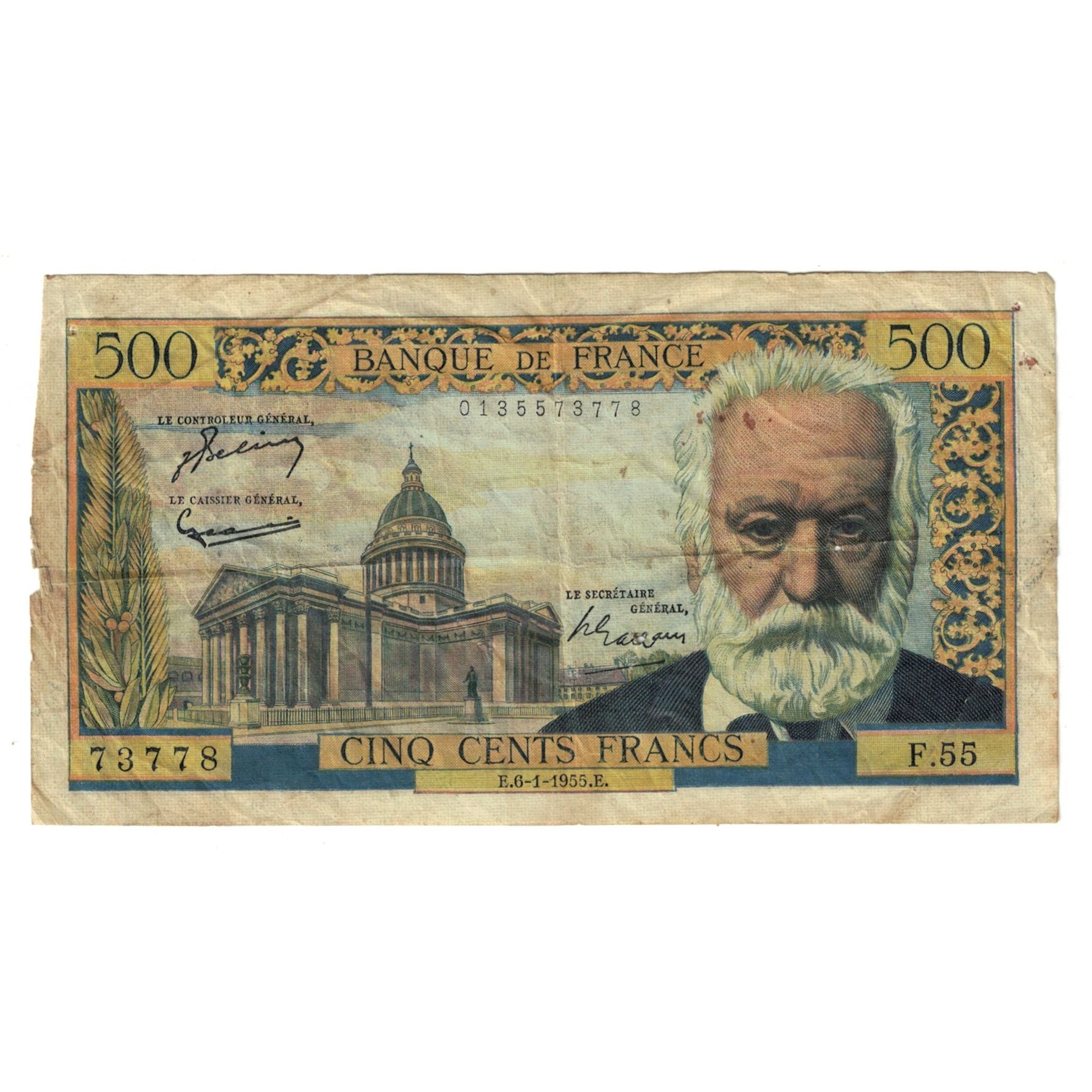 Frankrijk, 500 Francs, Victor Hugo, 1955, F.55, TB, Fayette:35.4, KM:133a