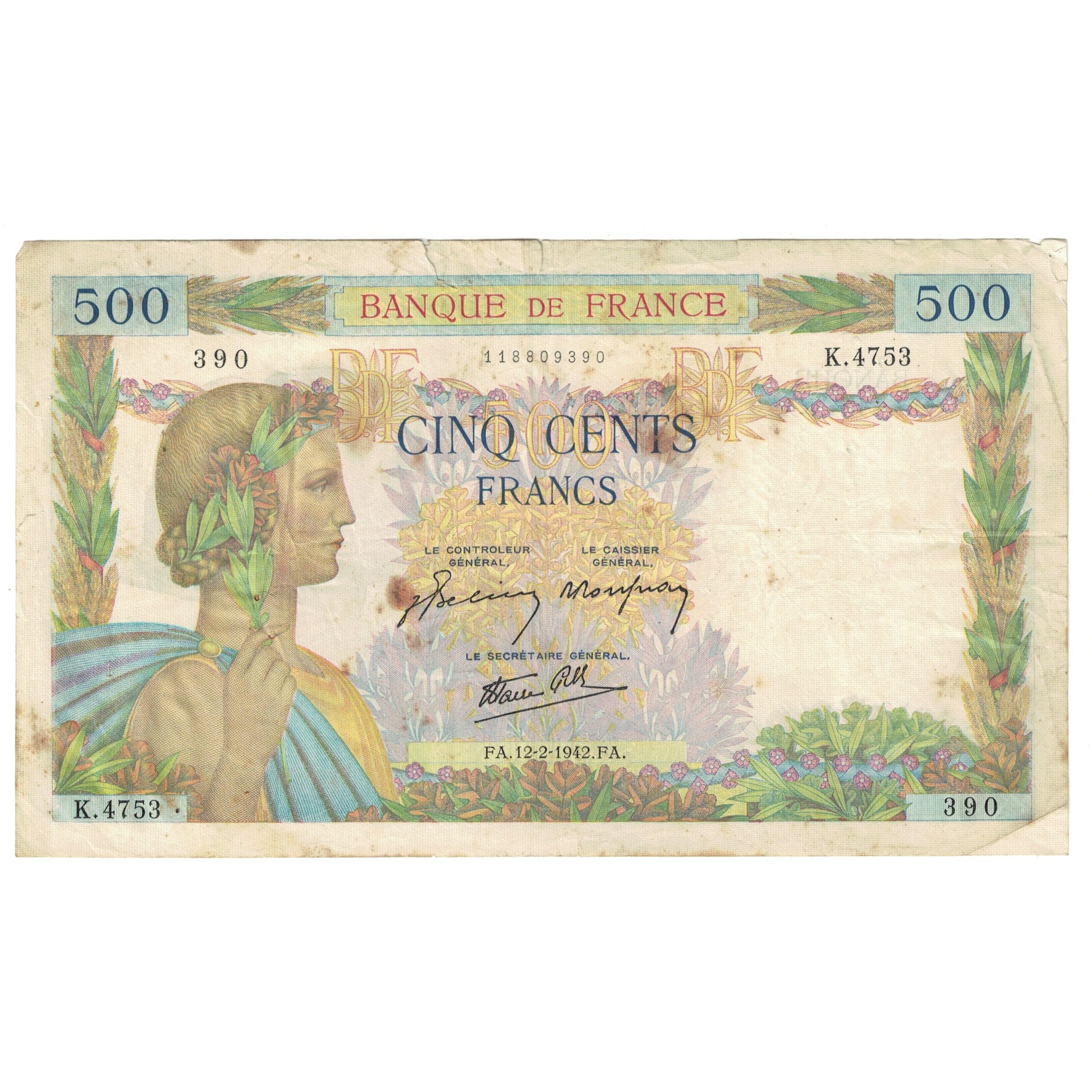 França, 500 Francs, La Paix, 1942, K.4753, VF(20-25), Fayette:32.29, KM:95b