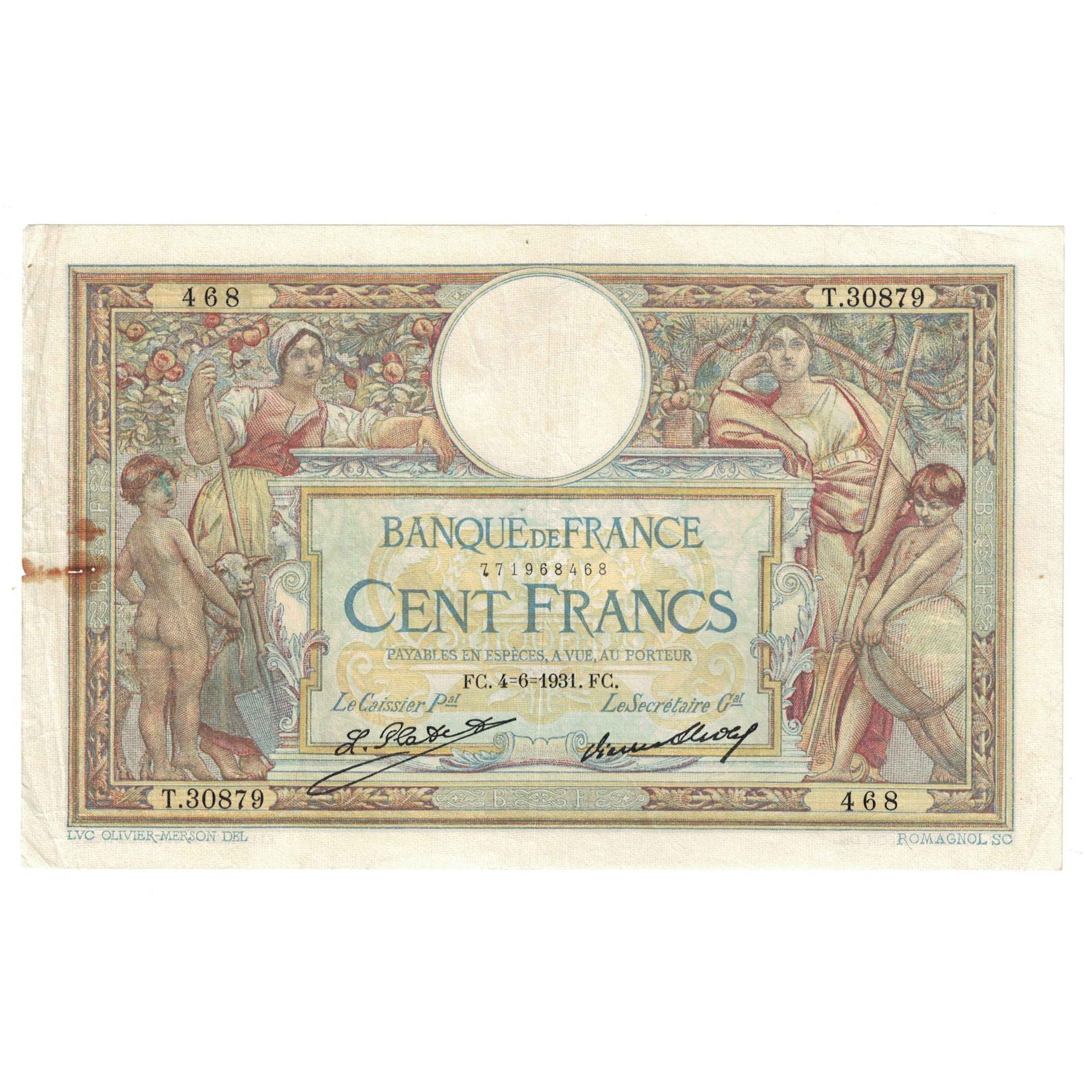 France, 100 Francs, Luc Olivier Merson, 1931, T.30879, EF(40-45), Fayette:24.10