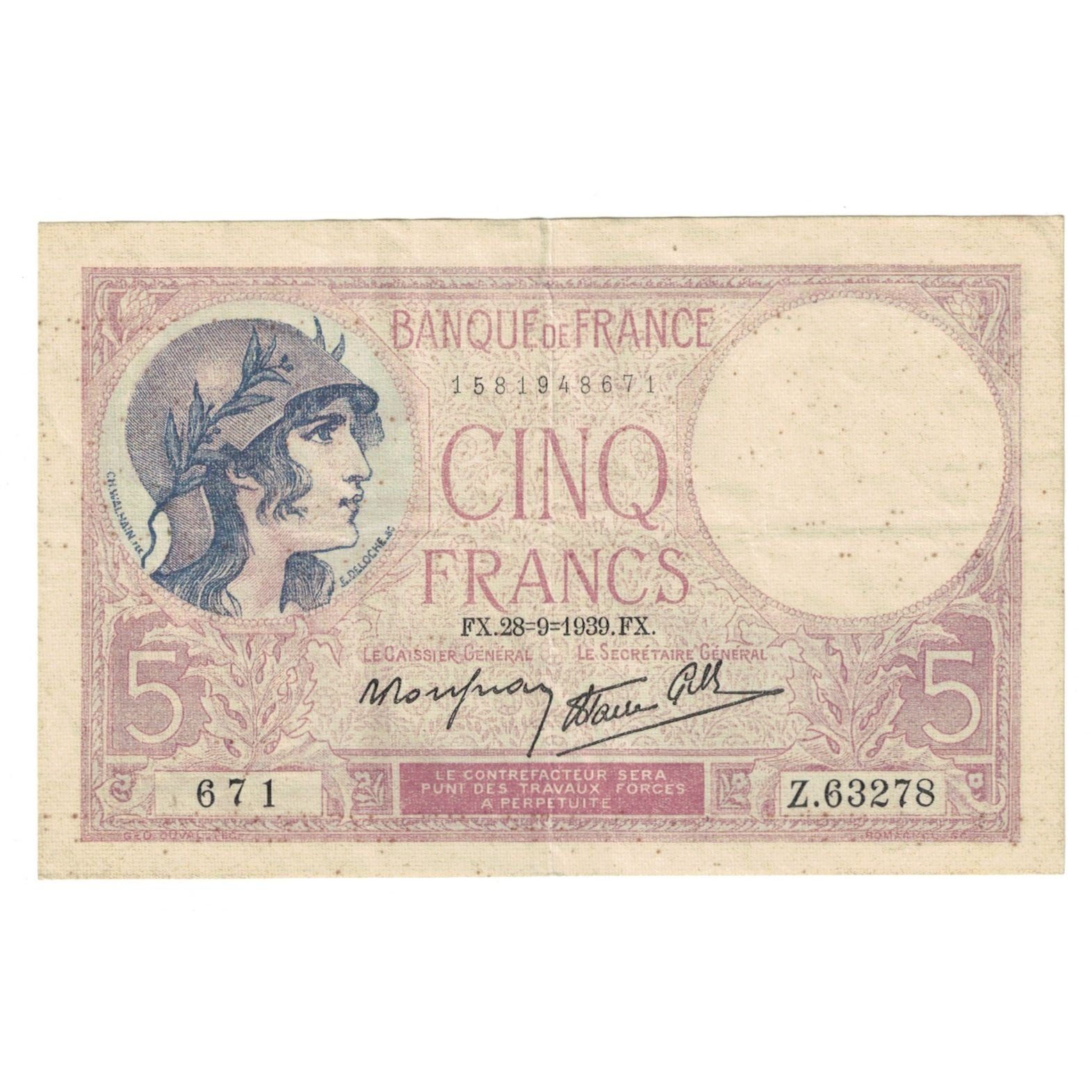 France, 5 Francs, Violet, 1939, Z.63278, EF(40-45), Fayette:4.10, KM:83