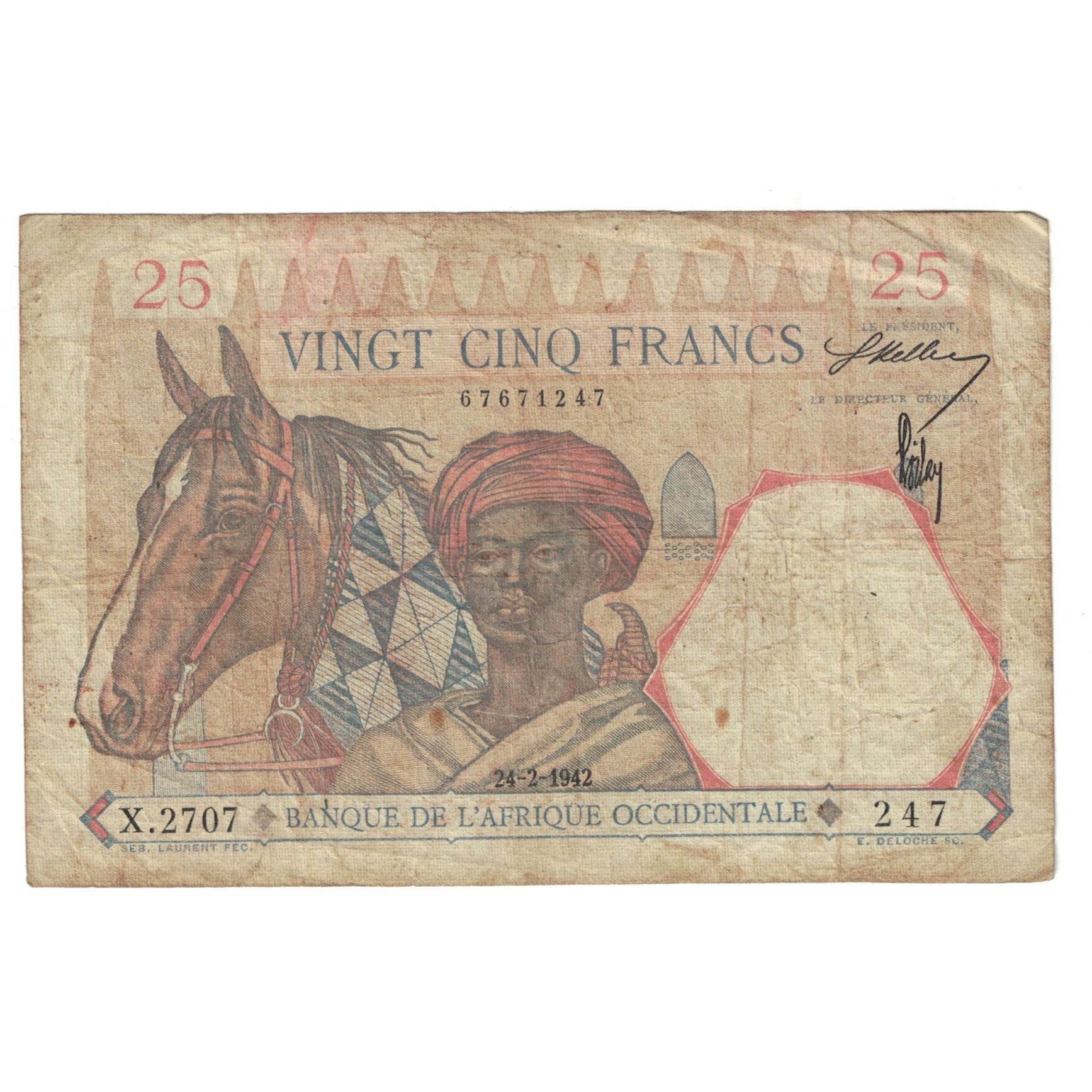 Biljet, Frans West Afrika, 25 Francs, 1942, 1942-02-24, KM:27, TB