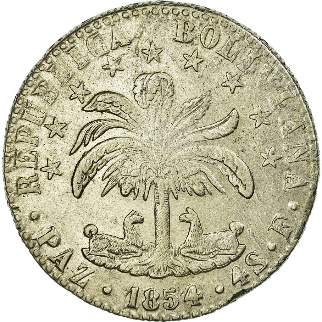 Moneda, Bolivia, 4 Soles, 1854, La Paz, EBC, Plata, KM:125