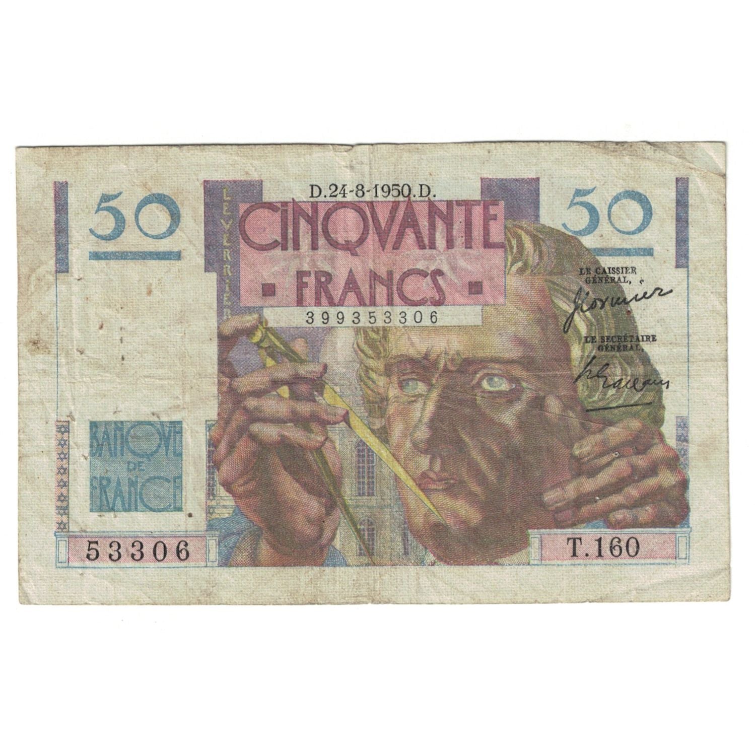 Francja, 50 Francs, Le Verrier, 1950, T.160, VF(20-25), Fayette:20.16, KM:127b
