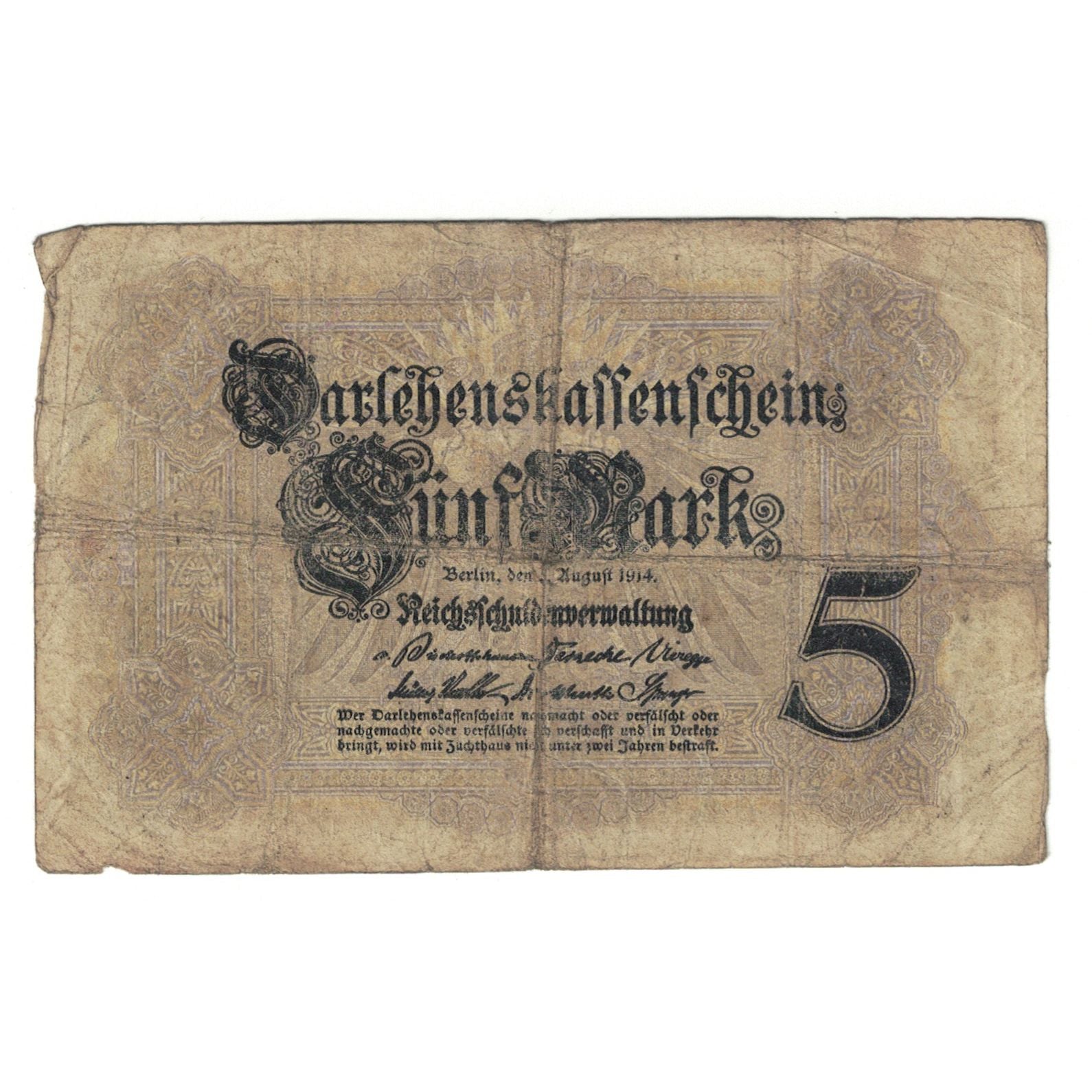 Banknote, Germany, 5 Mark, 1914, 1914-08-05, KM:47c, F(12-15)