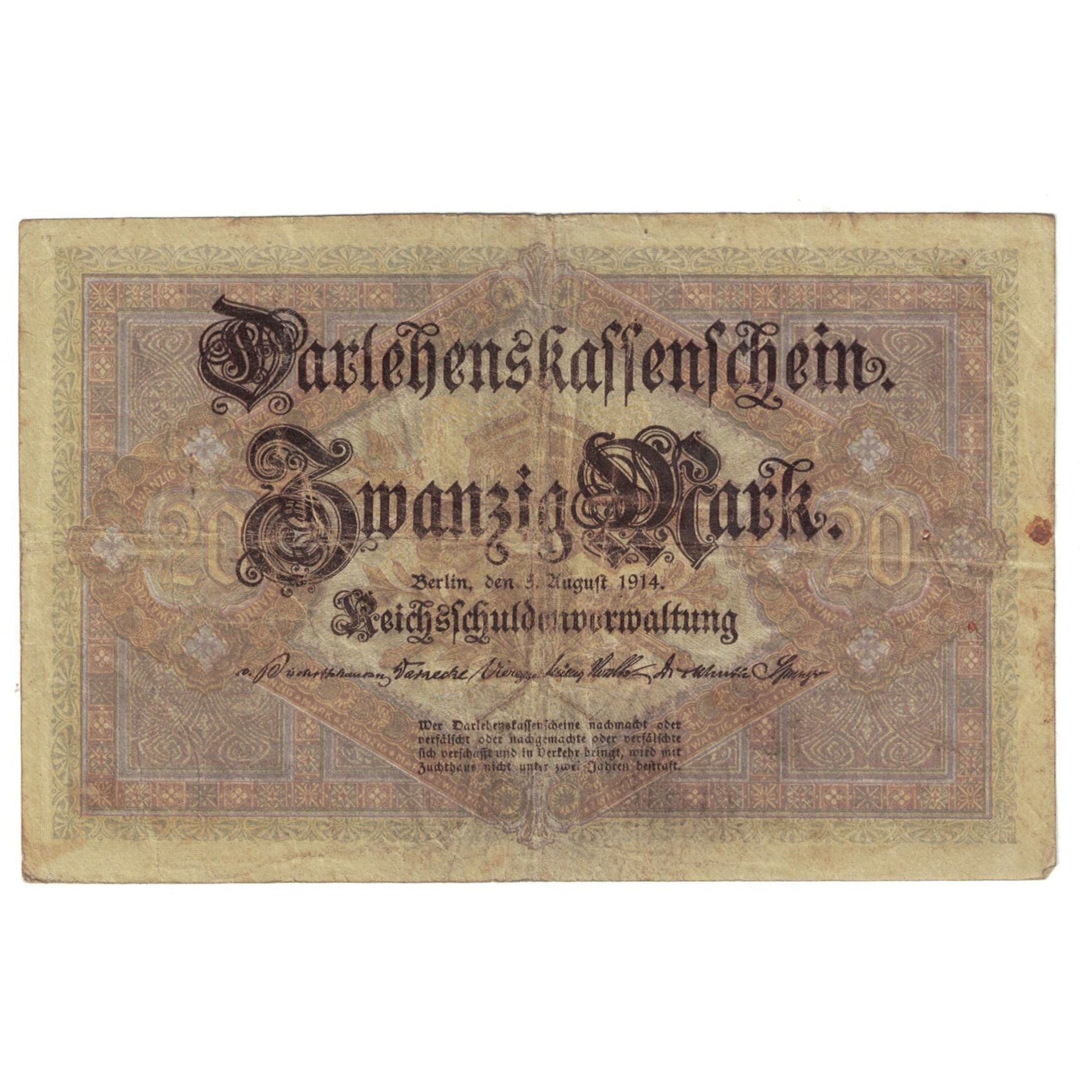 Banknote, Germany, 20 Mark, 1914, 1914-08-05, KM:48a, VF(20-25)