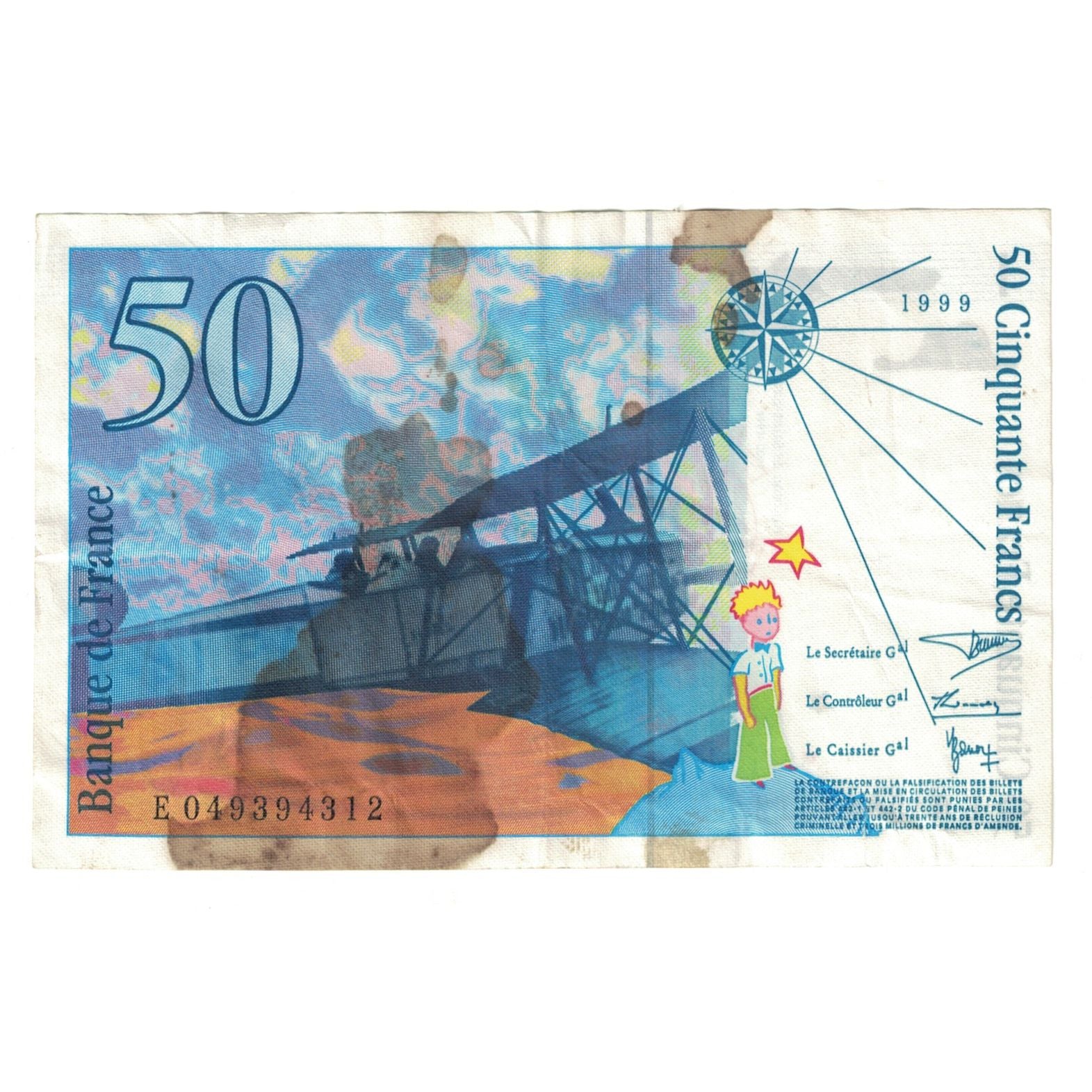 France, 50 Francs, St Exupéry, 1999, E049394312, VF(20-25), Fayette:73.05