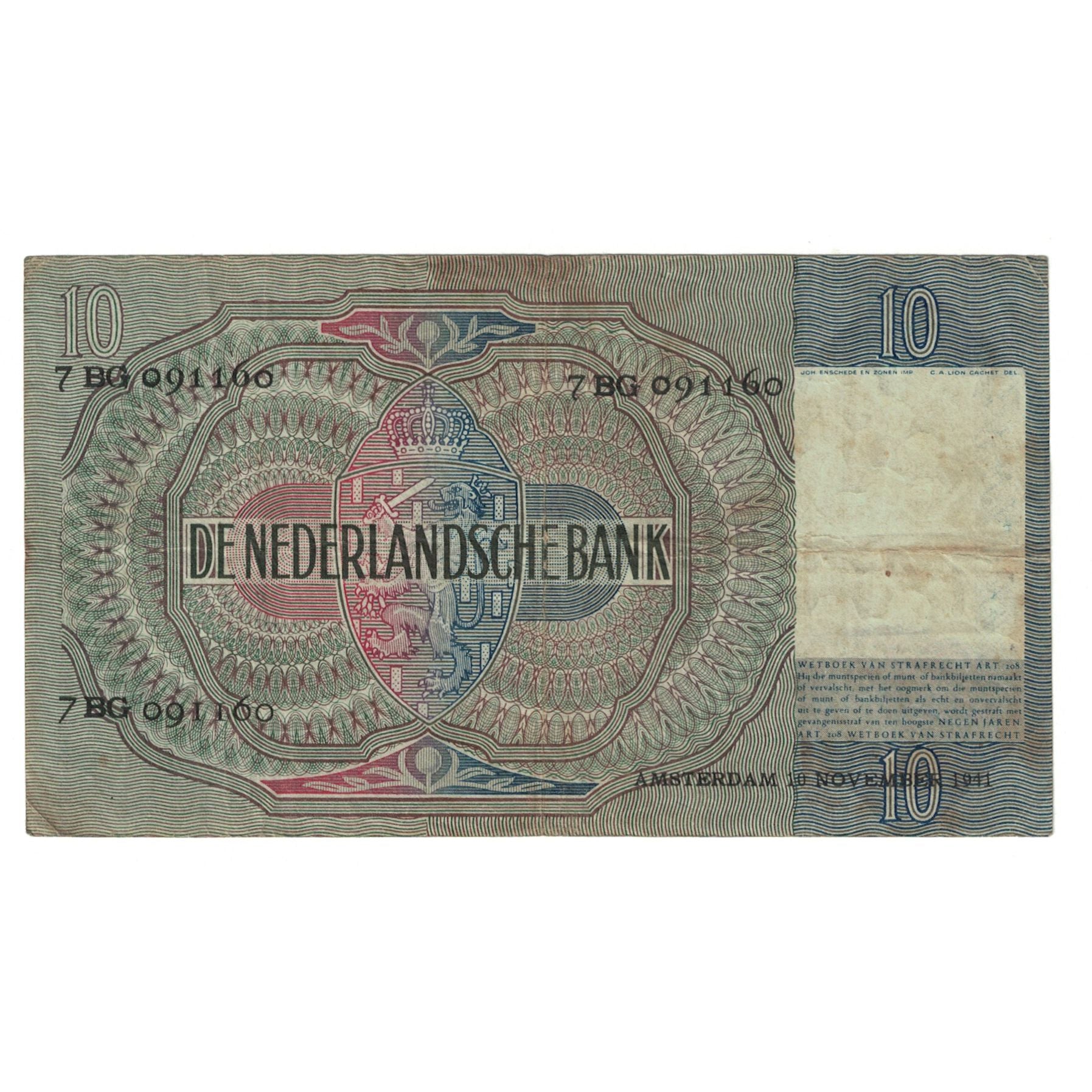 Banknote, Netherlands, 10 Gulden, 1941, 1941-11-10, KM:56a, EF(40-45)
