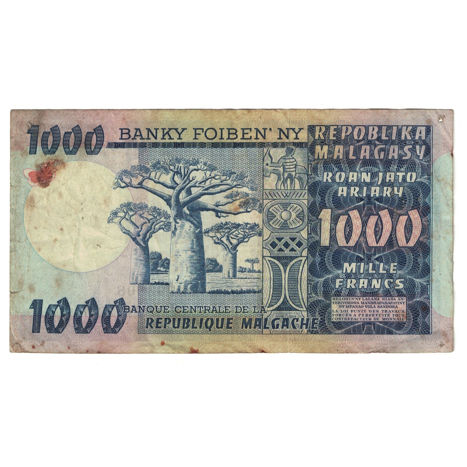 Banknote, Madagascar, 1000 Francs = 200 Ariary, KM:65a, VF(20-25)