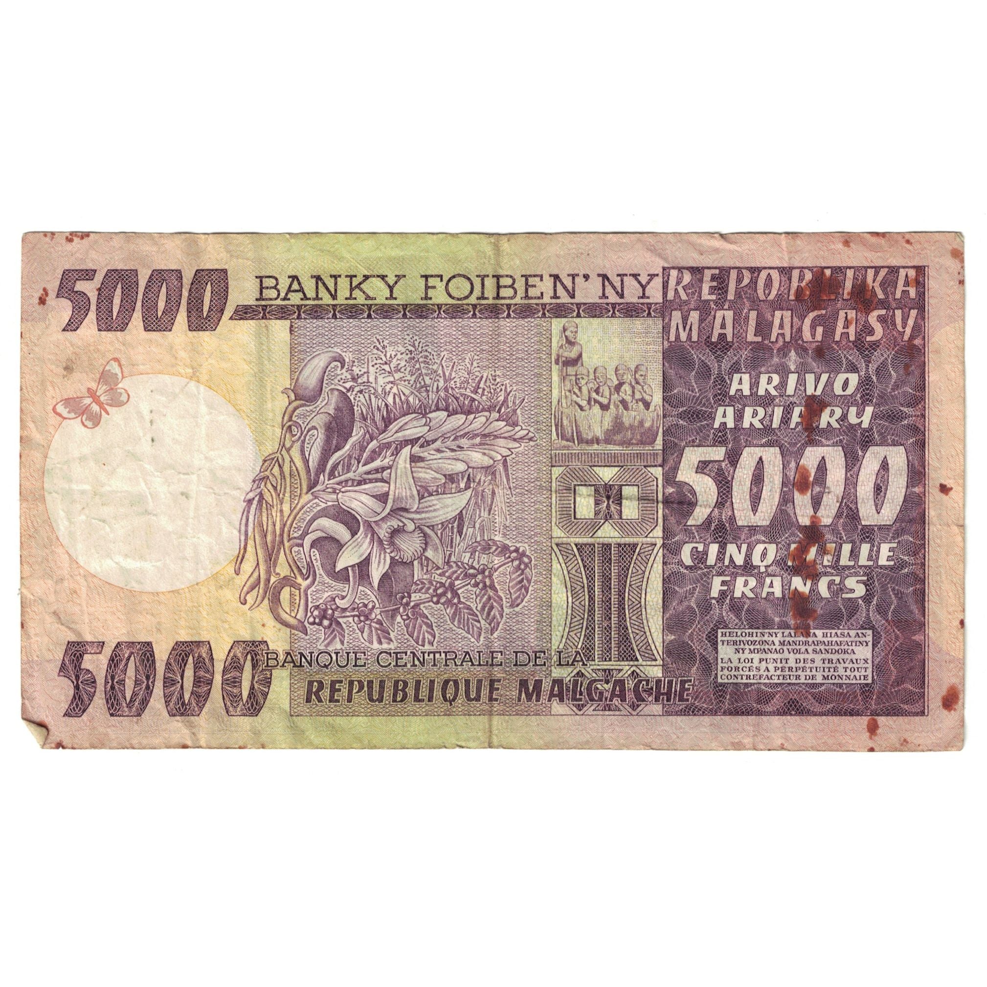 Billet, Madagascar, 5000 Francs = 1000 Ariary, KM:66a, TB