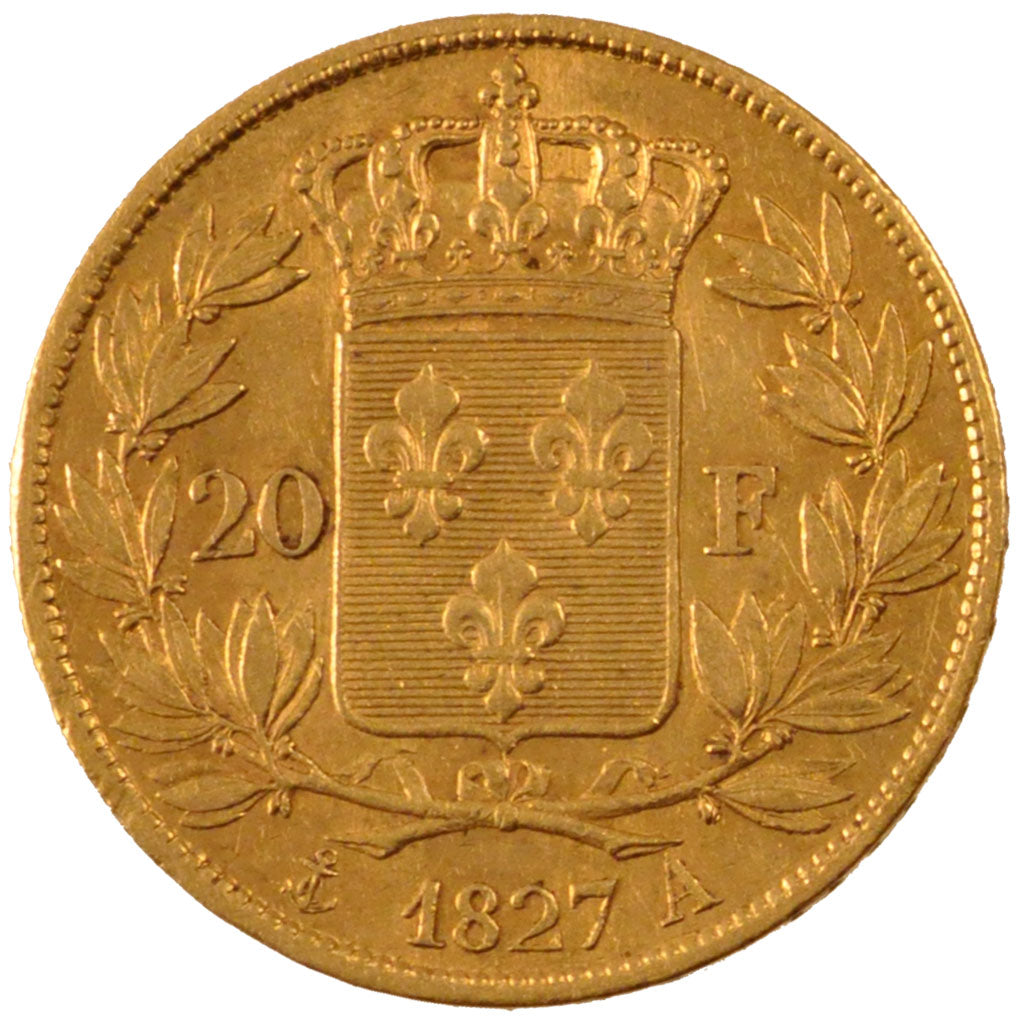 FRANCE, Charles X, 20 Francs, 1827, Paris, KM #726.1, AU(50-53), Gold, Gadoury..
