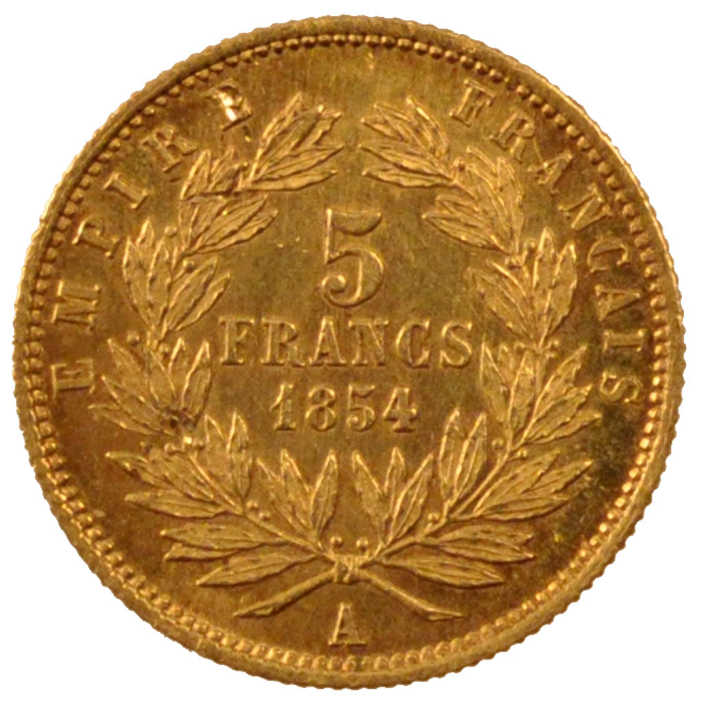 FRANCE, 5 Francs, 1854, Paris, MS(60-62), Gold, Gadoury #1000, 1.60