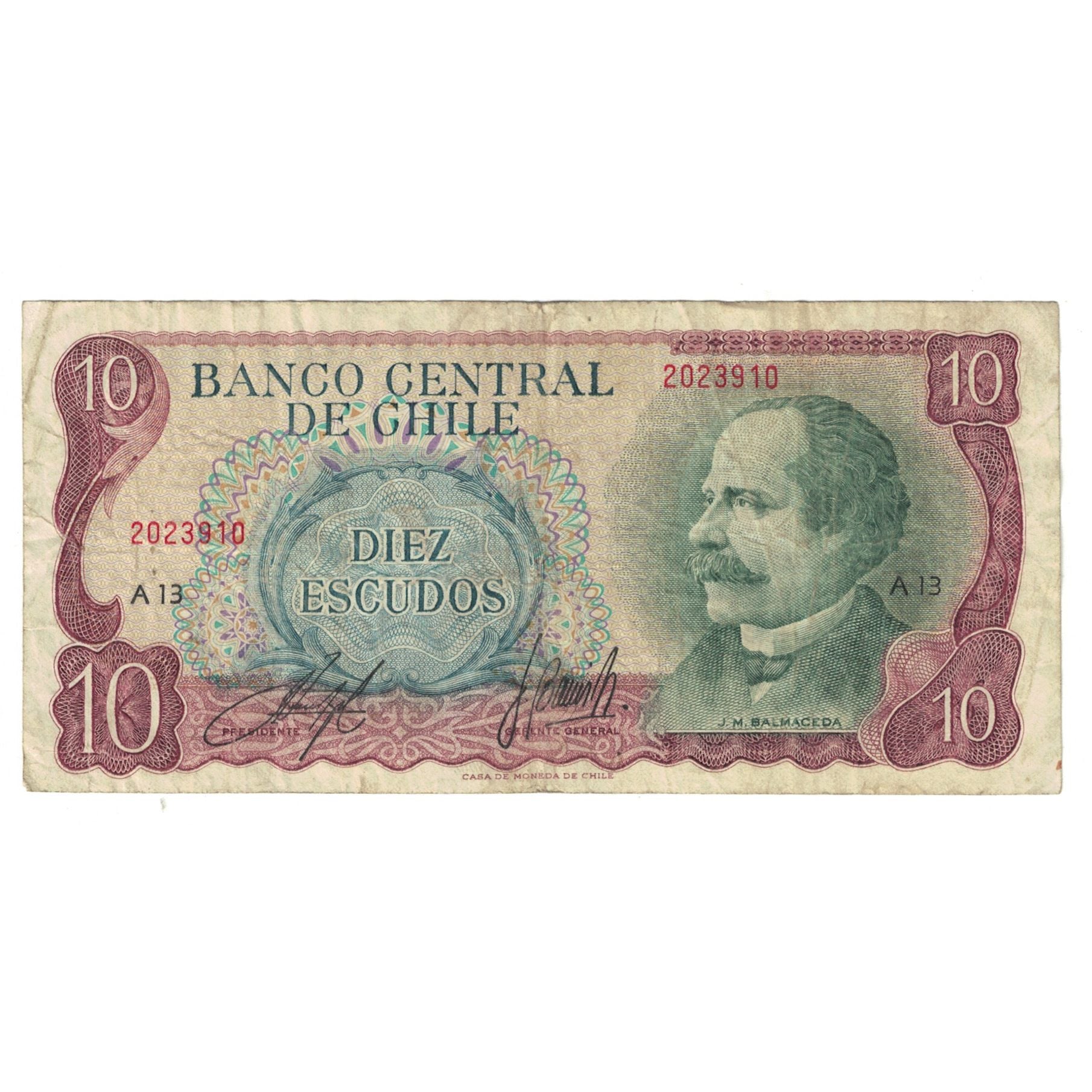 Billet, Chili, 10 Escudos, KM:142Aa, TB