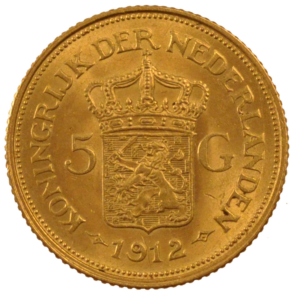 NETHERLANDS, 5 Gulden, 1912, KM #151, AU(55-58), Gold, 18, 3.34
