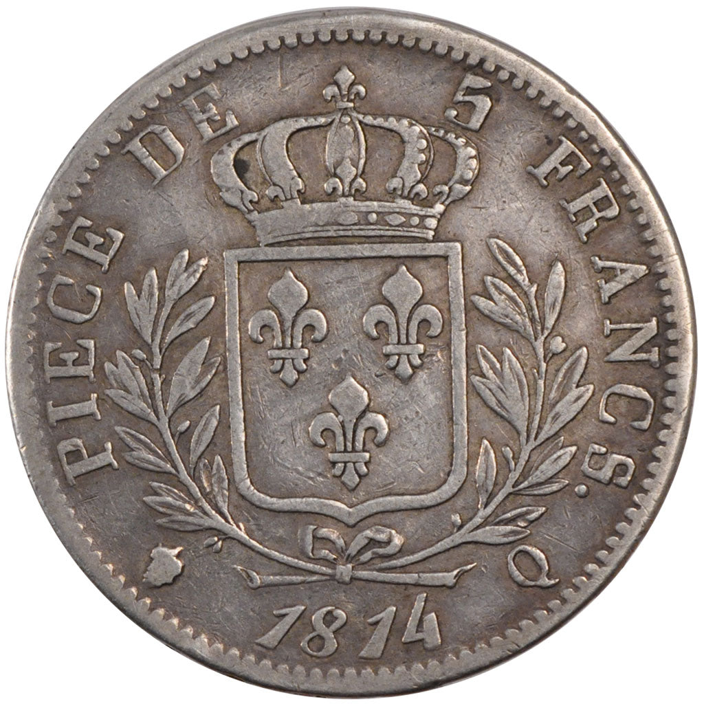 FRANCE, Louis XVIII, 5 Francs, 1814, Perpignan, KM #702.11, VF(30-35), Silver,..