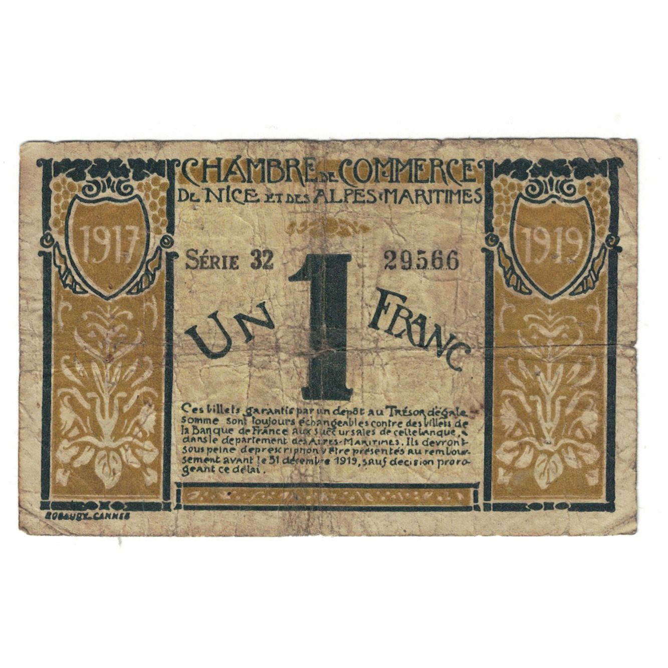 Francia, Nice, 1 Franc, 1919, MB, Pirot:91-5