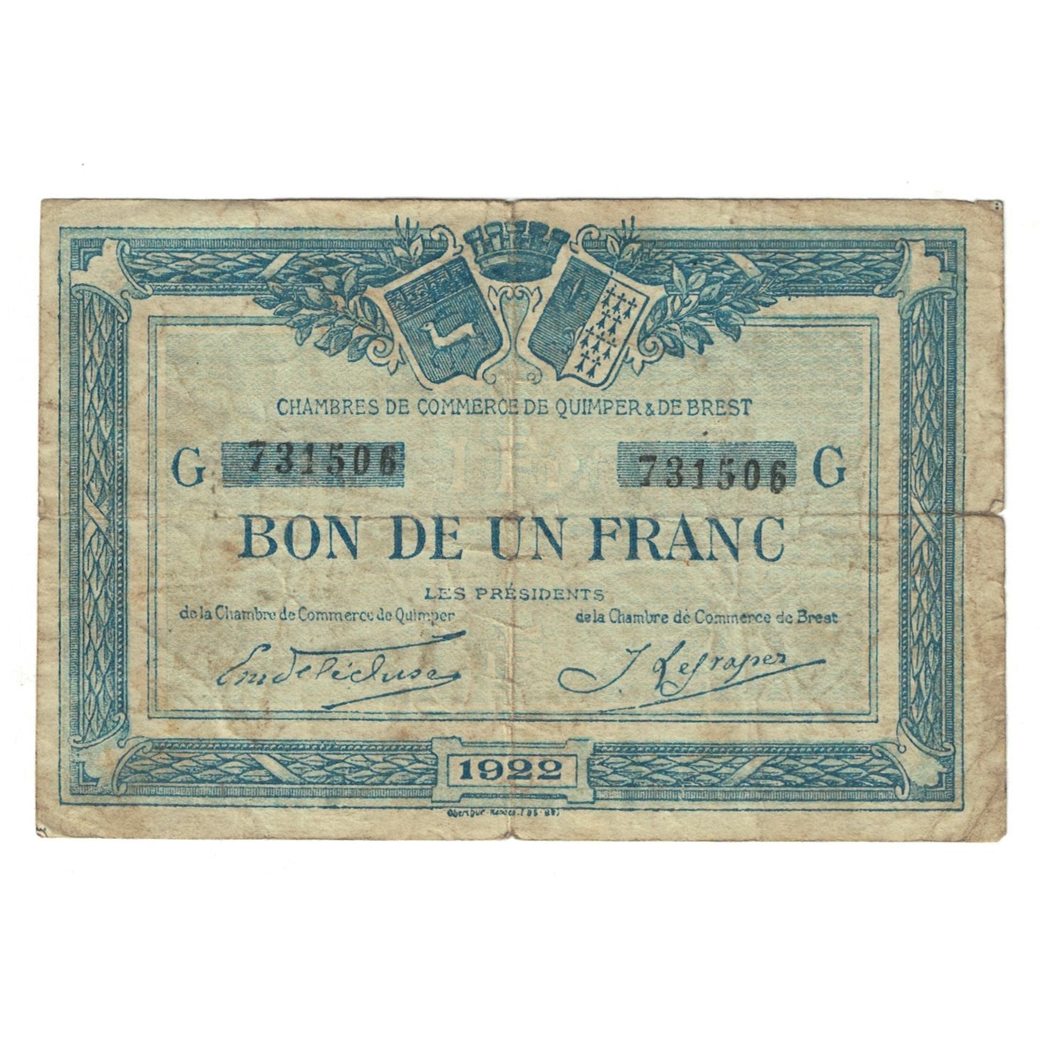 France, Quimper et Brest, 1 Franc, 1922, TB, Pirot:104-17