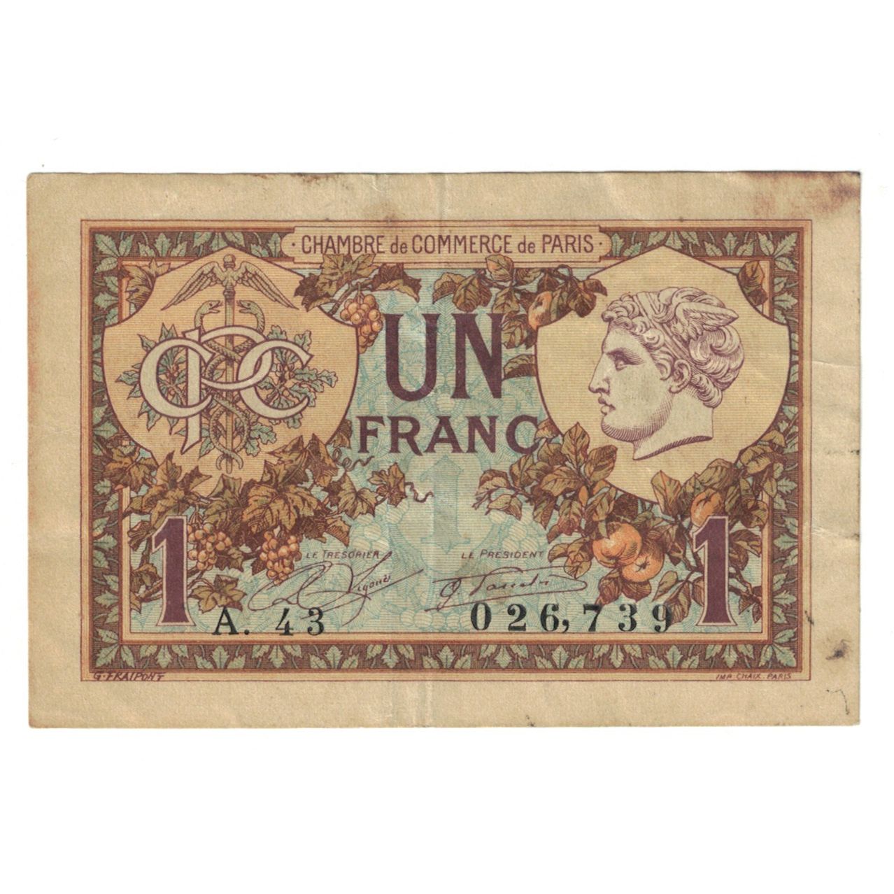 França, 1 Franc, PIROT 97.36, 1920, A.43, PARIS, VF(30-35)