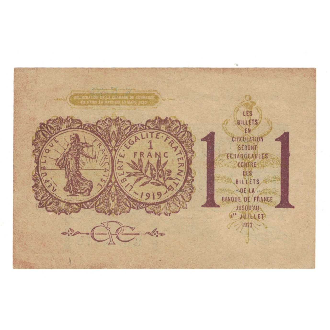 France, 1 Franc, 1922, S.F69, PARIS, EF(40-45)