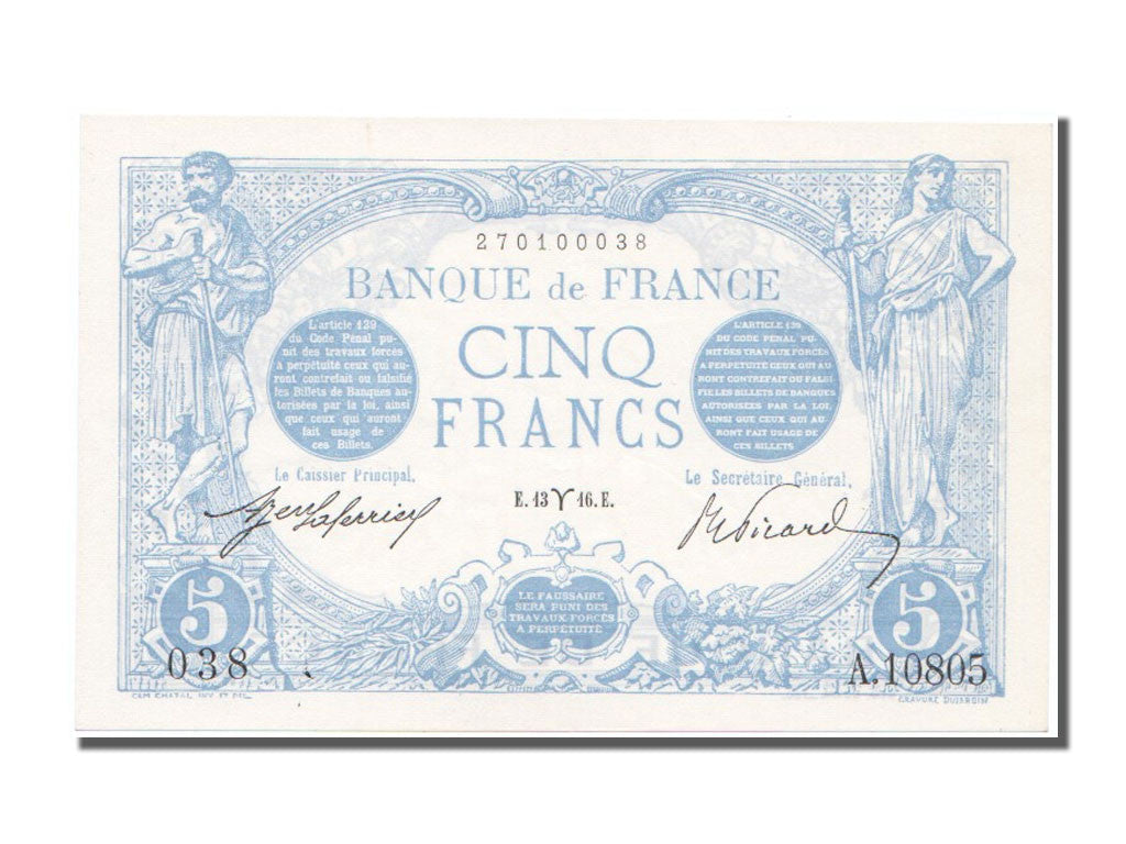 France, 5 Francs, 5 F 1912-1917 ''Bleu'', 1916, KM #70, 1916-03-13, UNC(63),...
