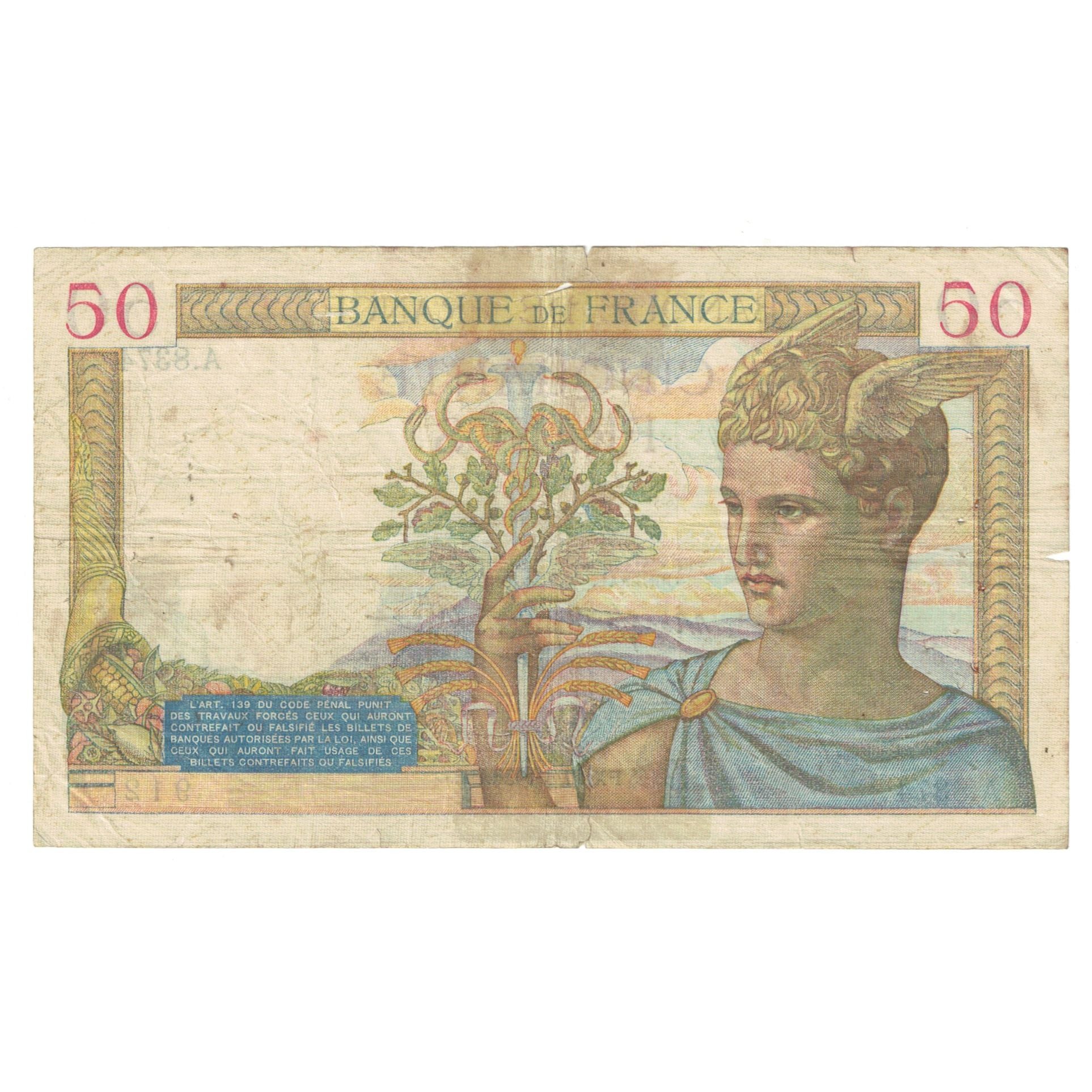 Frankrijk, 50 Francs, Cérès, 1938, A.8374, TB, Fayette:18.13, KM:85b