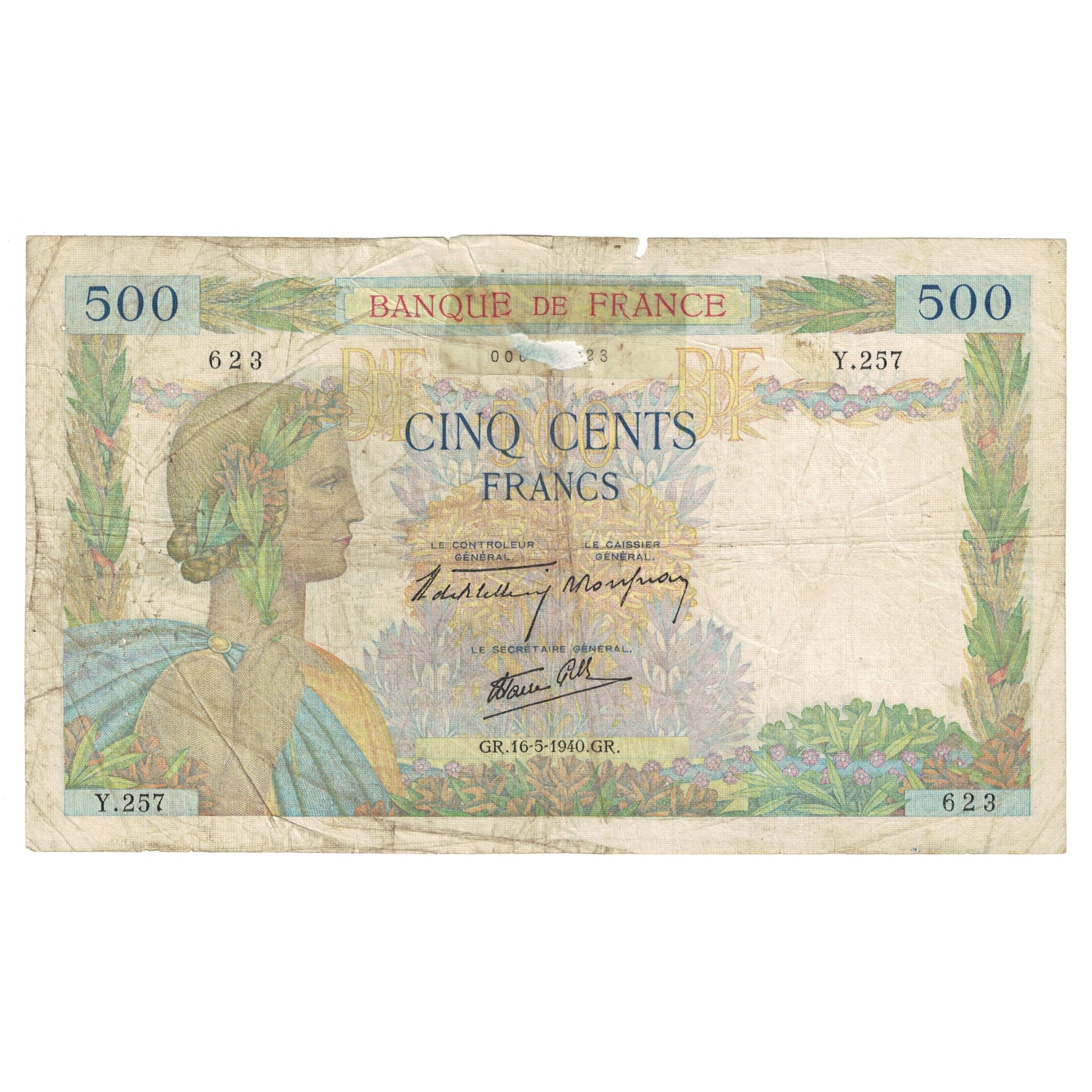França, 500 Francs, La Paix, 1940, Y.257623, VF(20-25), Fayette:32.02, KM:95a